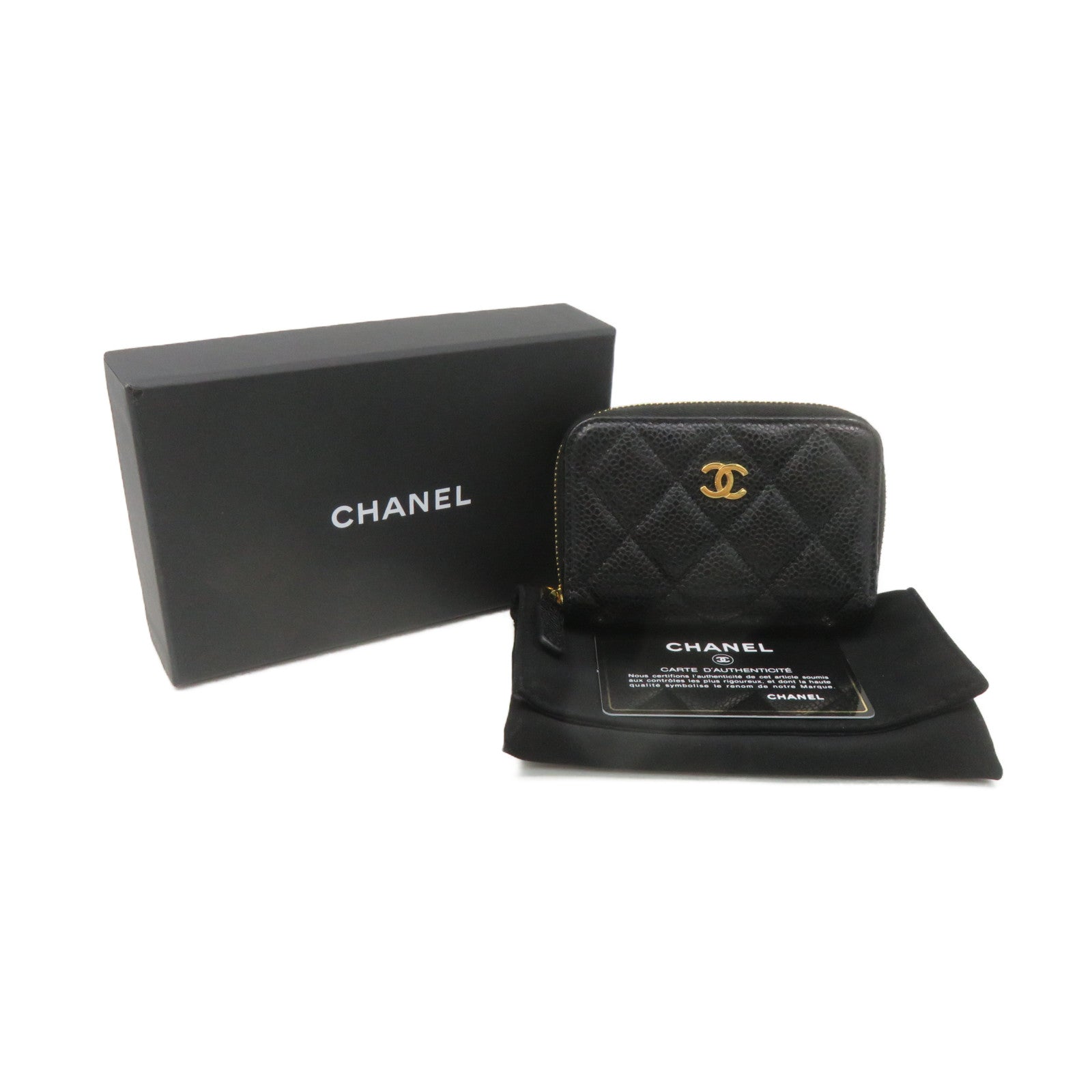 CHANEL Rhombus Caviar Leather Coin Case Gold Buckle Zipper Coin Purse Black