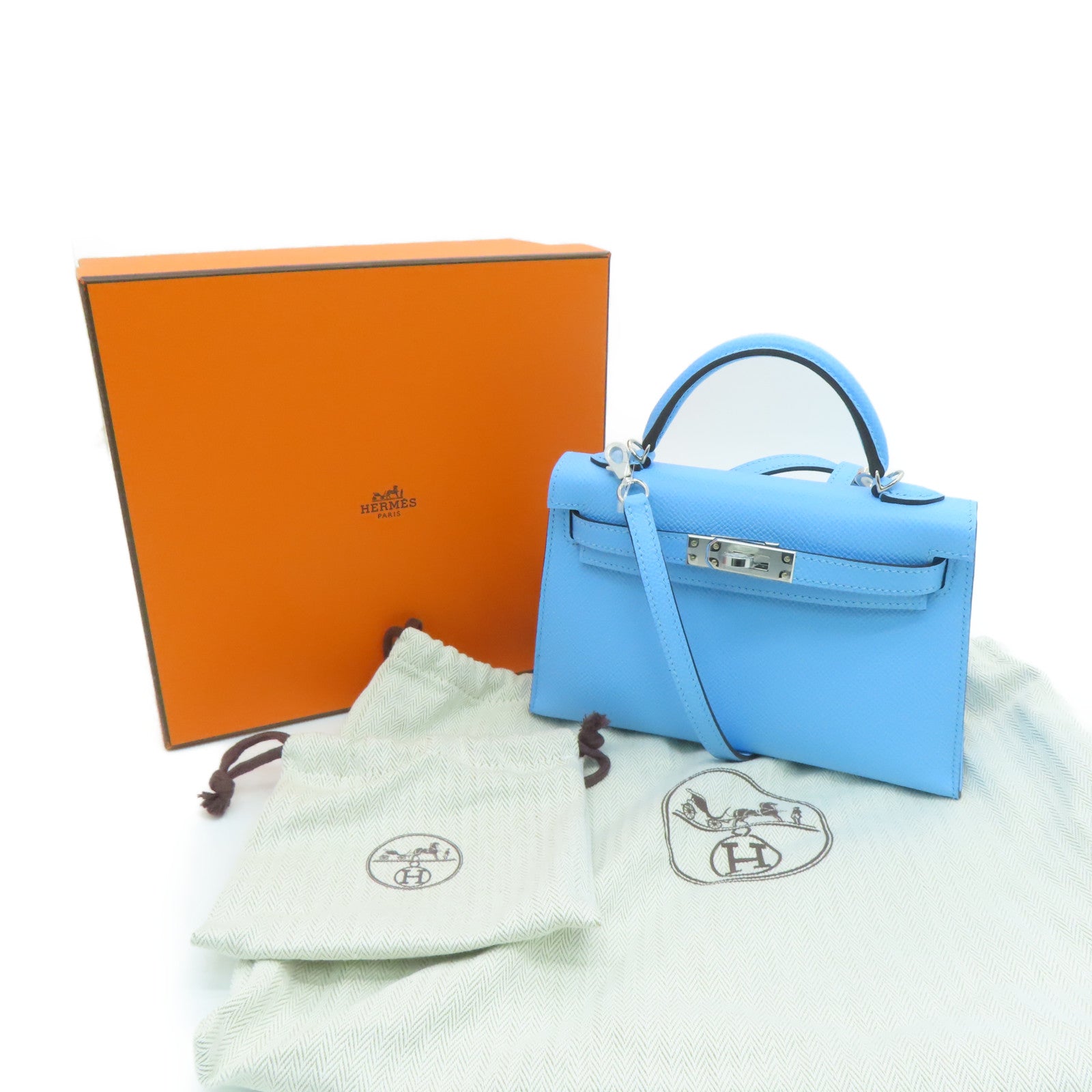 HERMES Epsom Leather Mini Kelly Silver Buckle Handle Shoulder Bag Bleu Azteque Water Blue