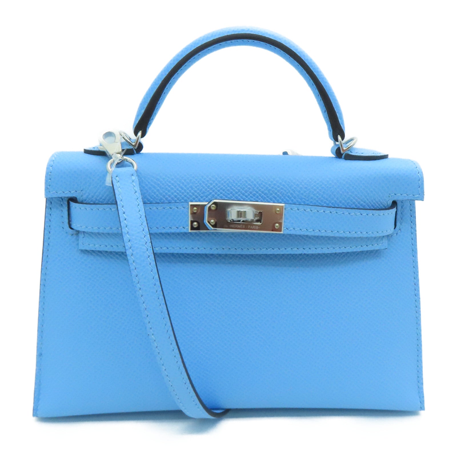 HERMES Epsom Leather Mini Kelly Silver Buckle Handle Shoulder Bag Bleu Azteque Water Blue