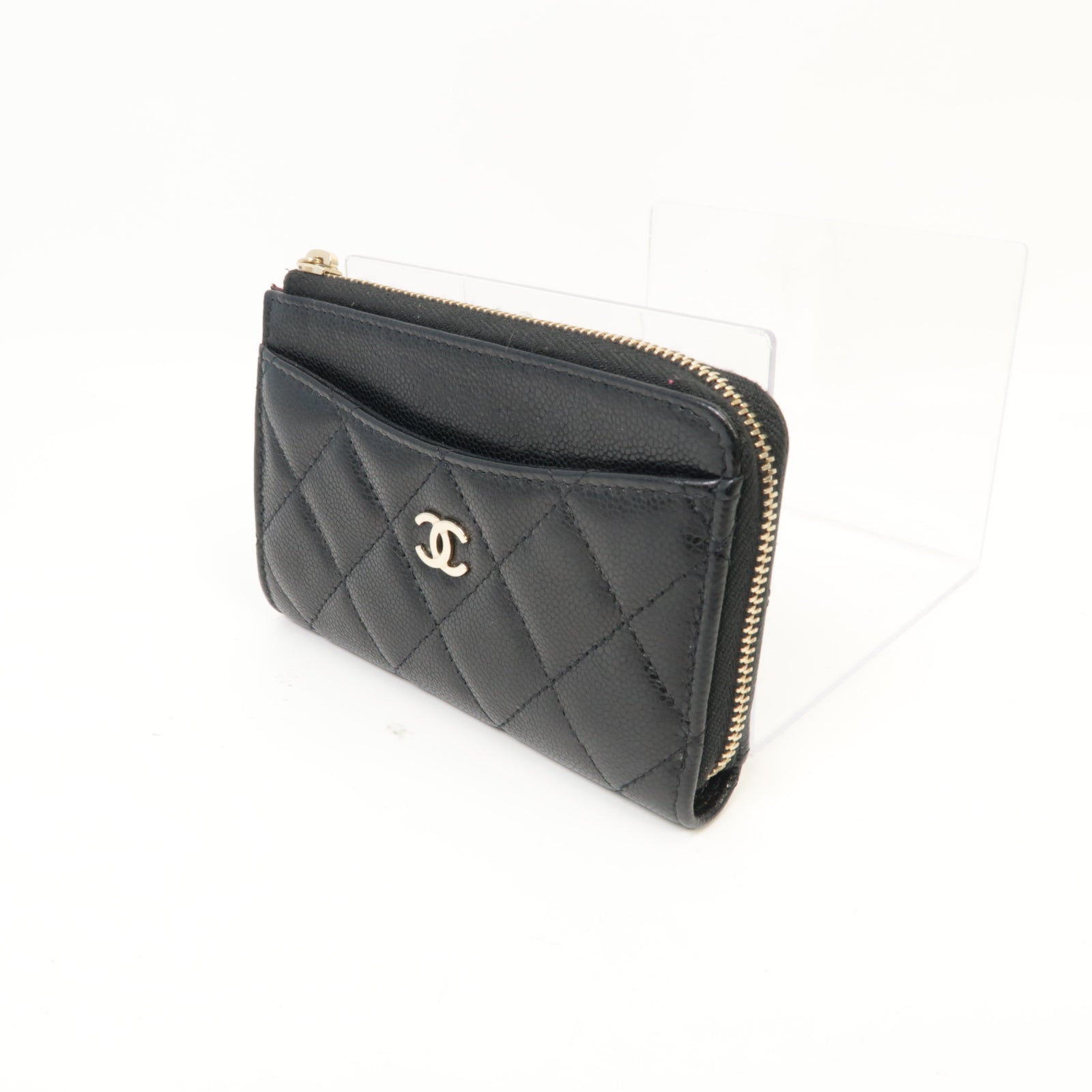 CHANEL 菱格Caviar皮革Coin Purse/Card Case金扣零錢包/卡片套黑色