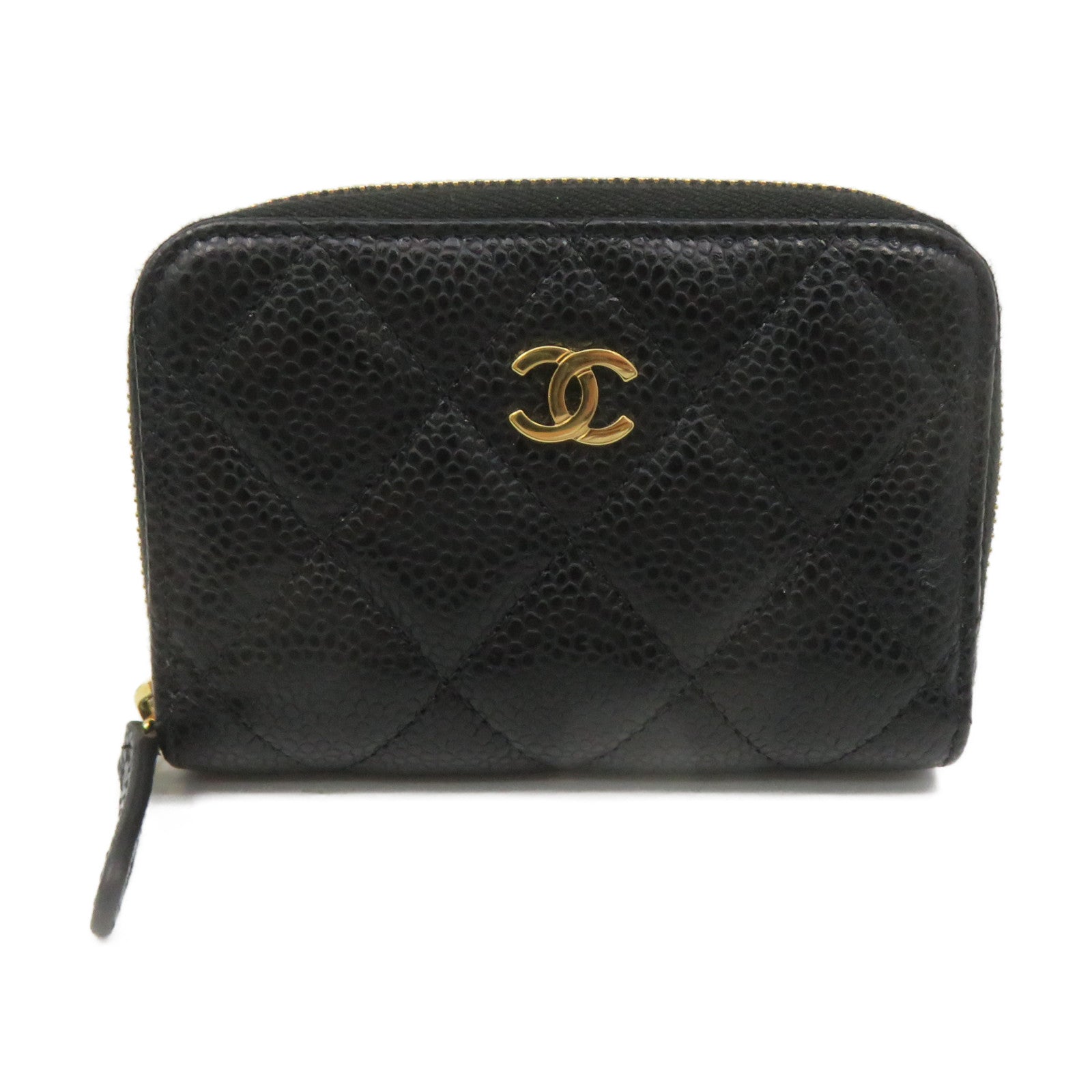 CHANEL Rhombus Caviar Leather Coin Case Gold Buckle Zipper Coin Purse Black