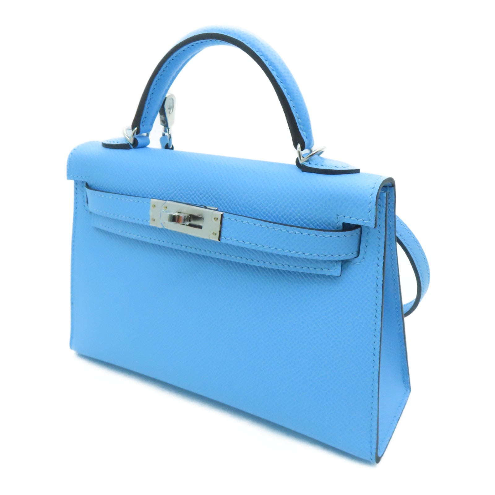 HERMES Epsom Leather Mini Kelly Silver Buckle Handle Shoulder Bag Bleu Azteque Water Blue
