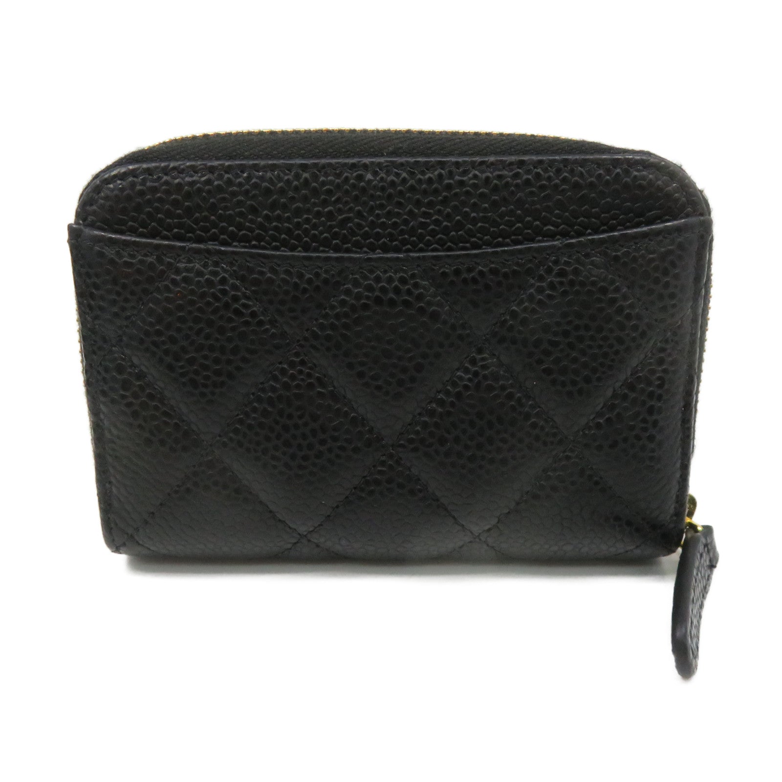 CHANEL Rhombus Caviar Leather Coin Case Gold Buckle Zipper Coin Purse Black