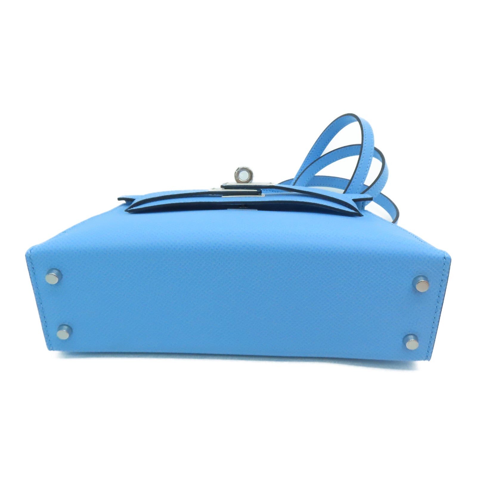 HERMES Epsom Leather Mini Kelly Silver Buckle Handle Shoulder Bag Bleu Azteque Water Blue