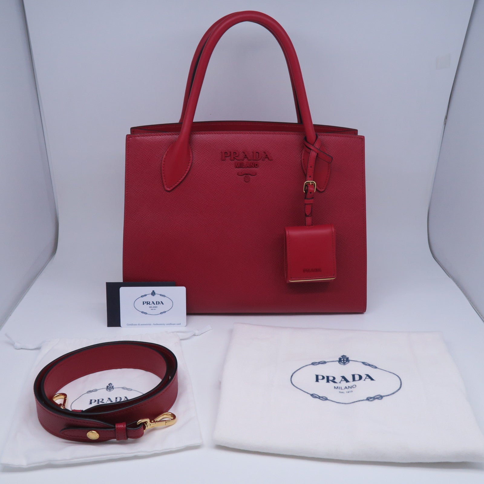 PRADA 牛皮皮革Monochome 2 Way Bag金扣手挽肩背兩用袋紅色