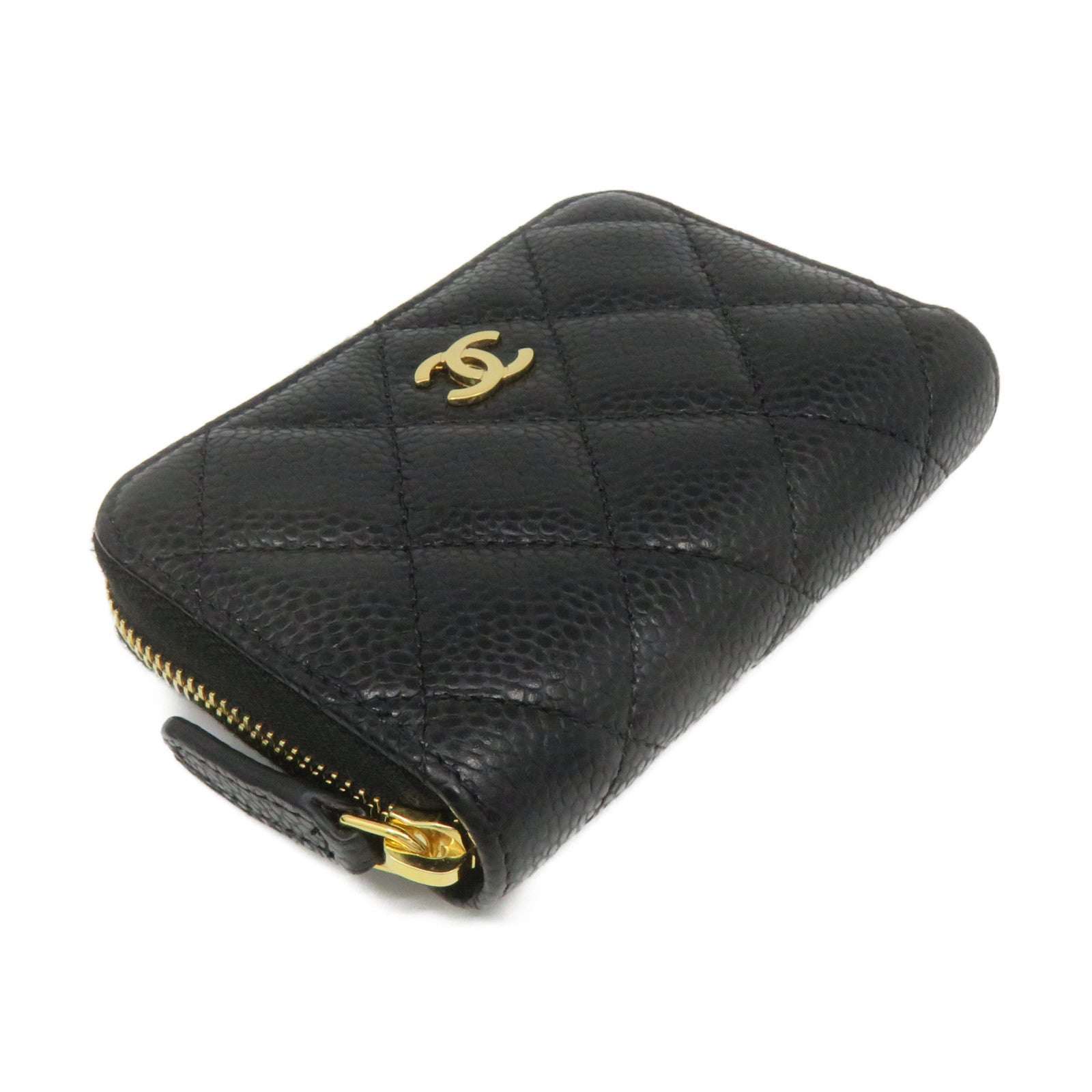 CHANEL Rhombus Caviar Leather Coin Case Gold Buckle Zipper Coin Purse Black