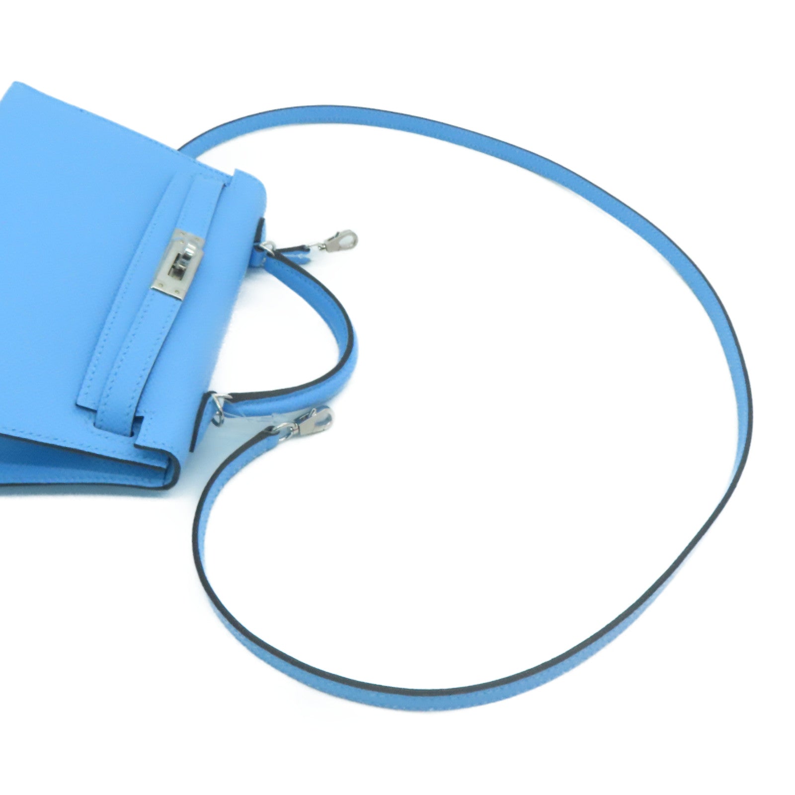 HERMES Epsom Leather Mini Kelly Silver Buckle Handle Shoulder Bag Bleu Azteque Water Blue