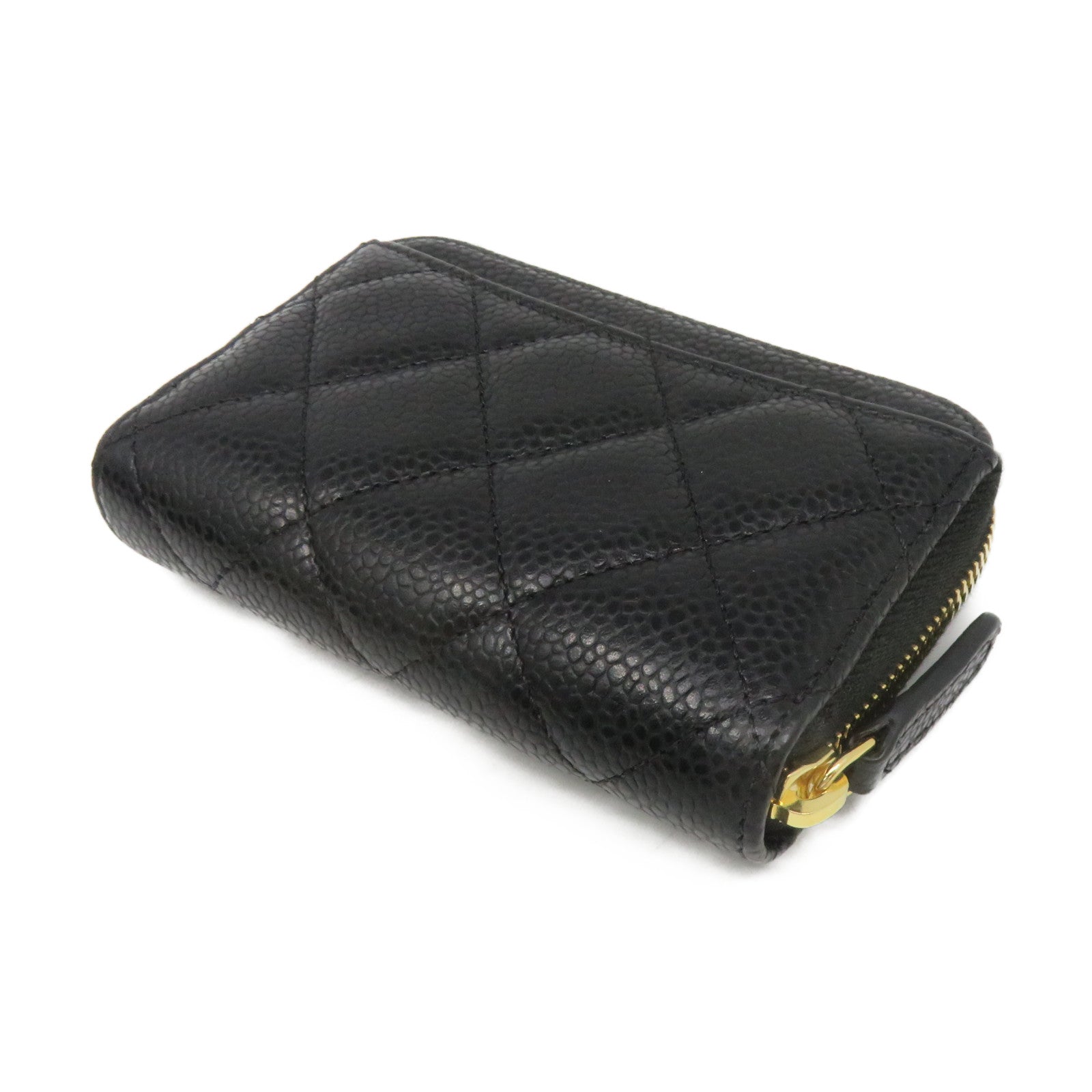 CHANEL Rhombus Caviar Leather Coin Case Gold Buckle Zipper Coin Purse Black