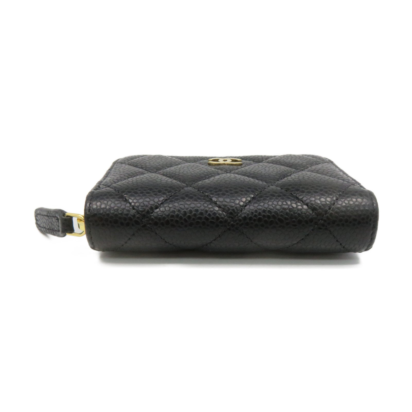 CHANEL Rhombus Caviar Leather Coin Case Gold Buckle Zipper Coin Purse Black