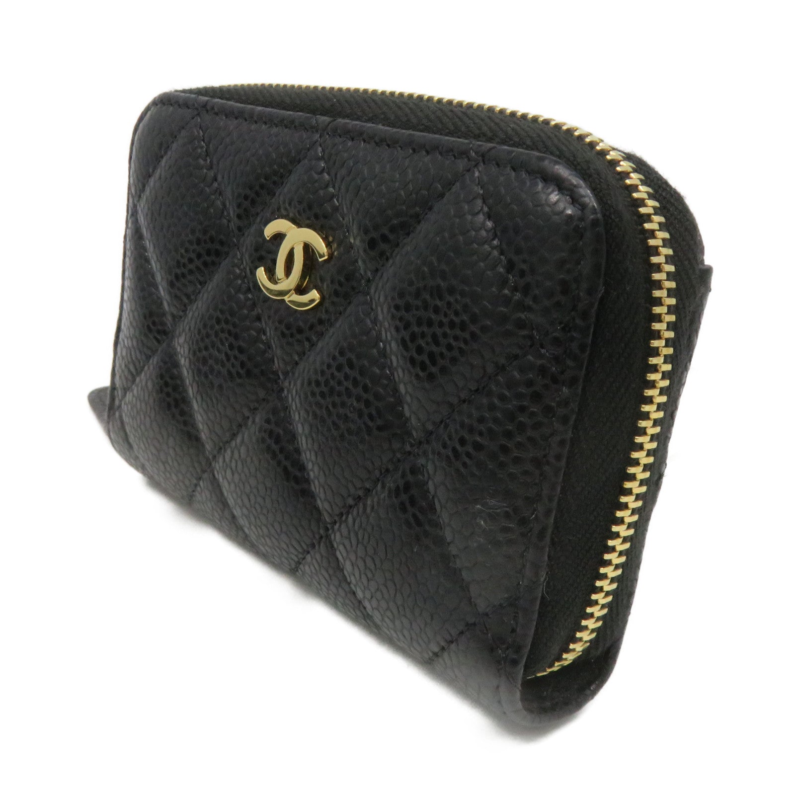 CHANEL Rhombus Caviar Leather Coin Case Gold Buckle Zipper Coin Purse Black