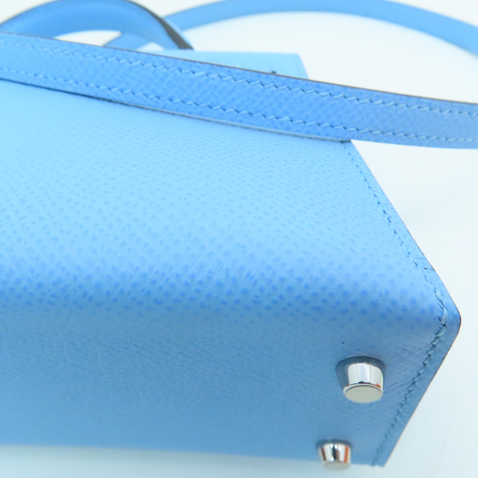 HERMES Epsom Leather Mini Kelly Silver Buckle Handle Shoulder Bag Bleu Azteque Water Blue