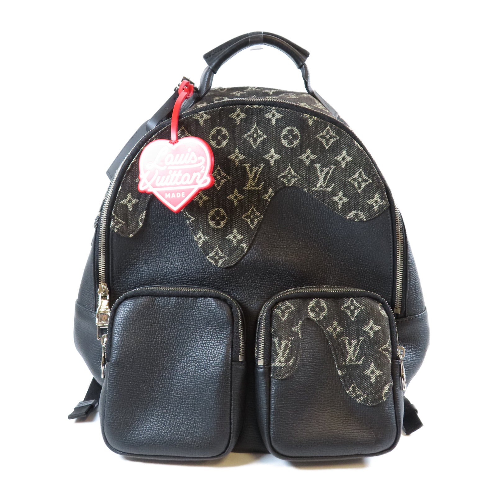 LOUIS VUITTON 牛仔布/牛皮皮革Multipocket Backpack銀扣背包黑色/灰色