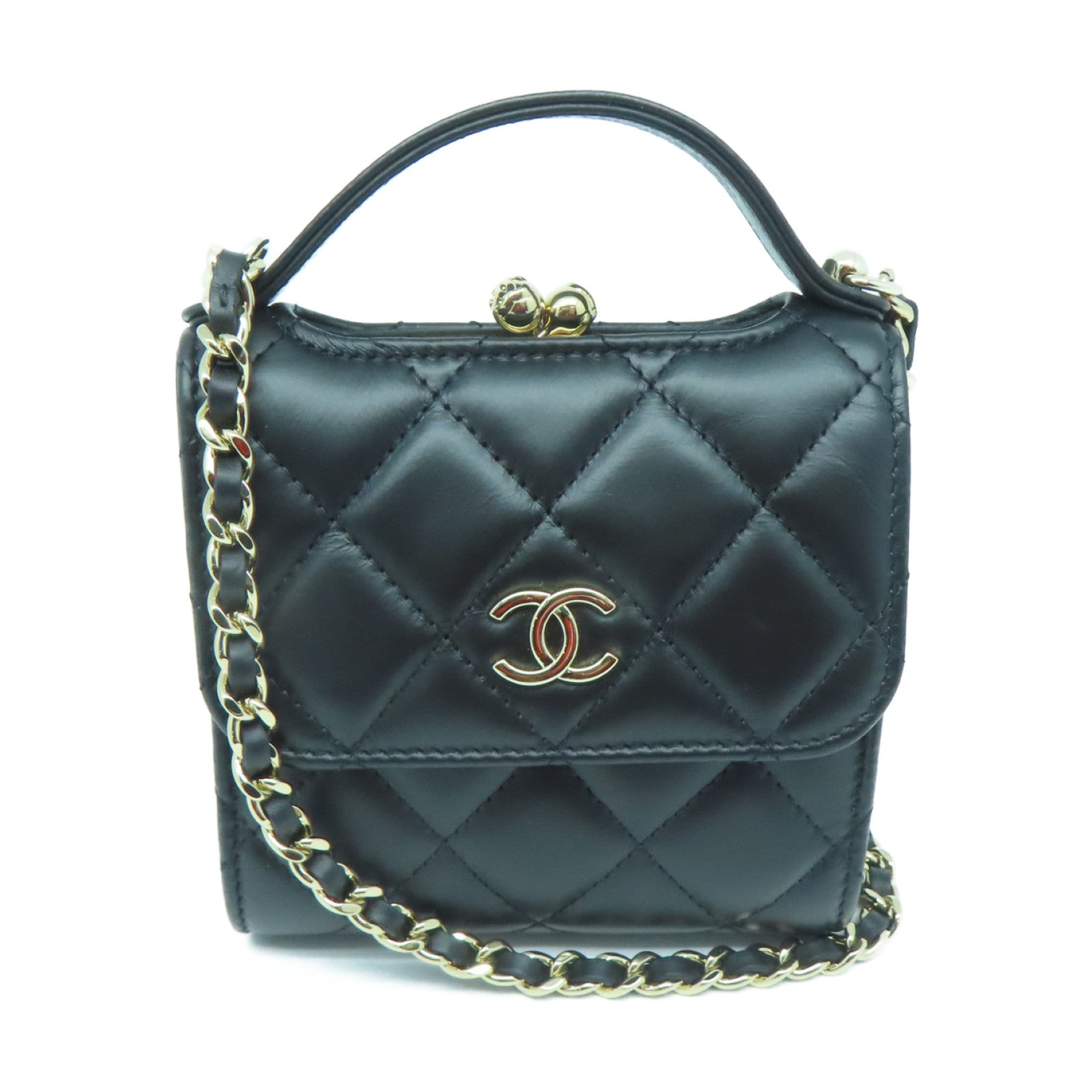CHANEL 菱格牛皮皮革Chain Shoulder Bag金扣链带肩背袋黑色