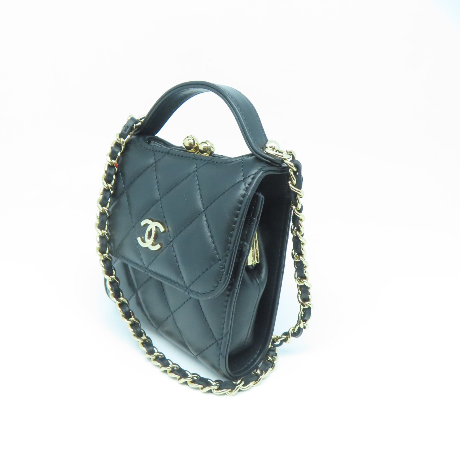 CHANEL 菱格牛皮皮革Chain Shoulder Bag金扣链带肩背袋黑色