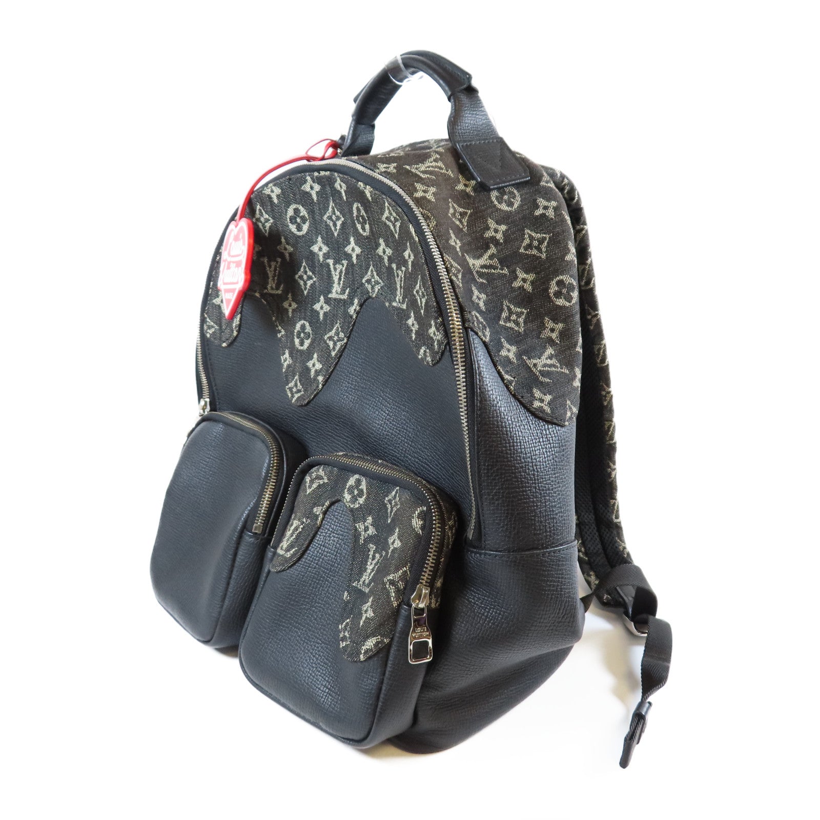 LOUIS VUITTON 牛仔布/牛皮皮革Multipocket Backpack銀扣背包黑色/灰色