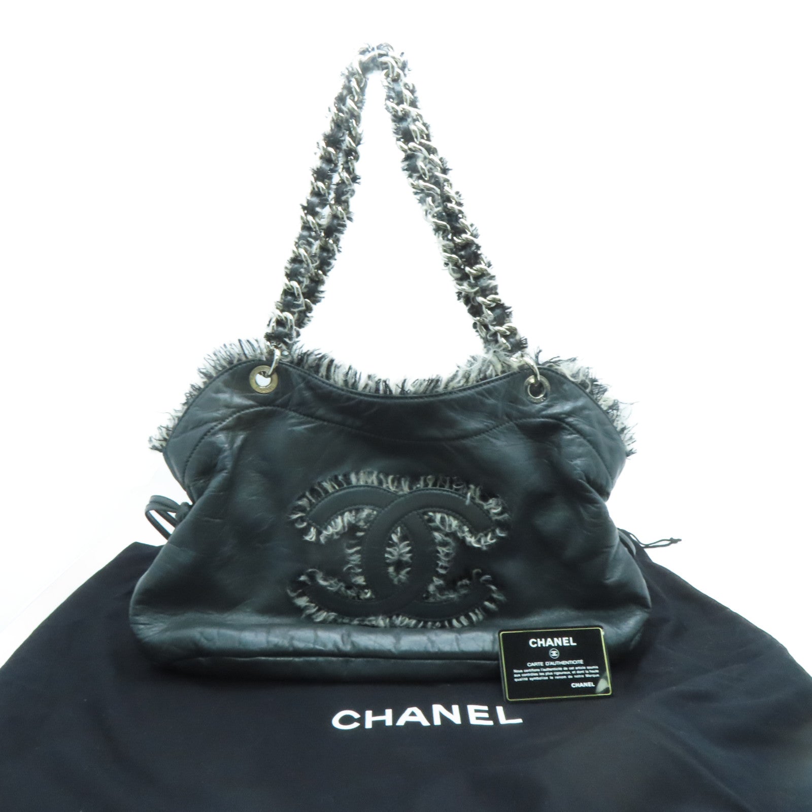 CHANEL [sharp discount] cowhide leather / Tweed Shoulder Bag silver buckle shoulder bag gray