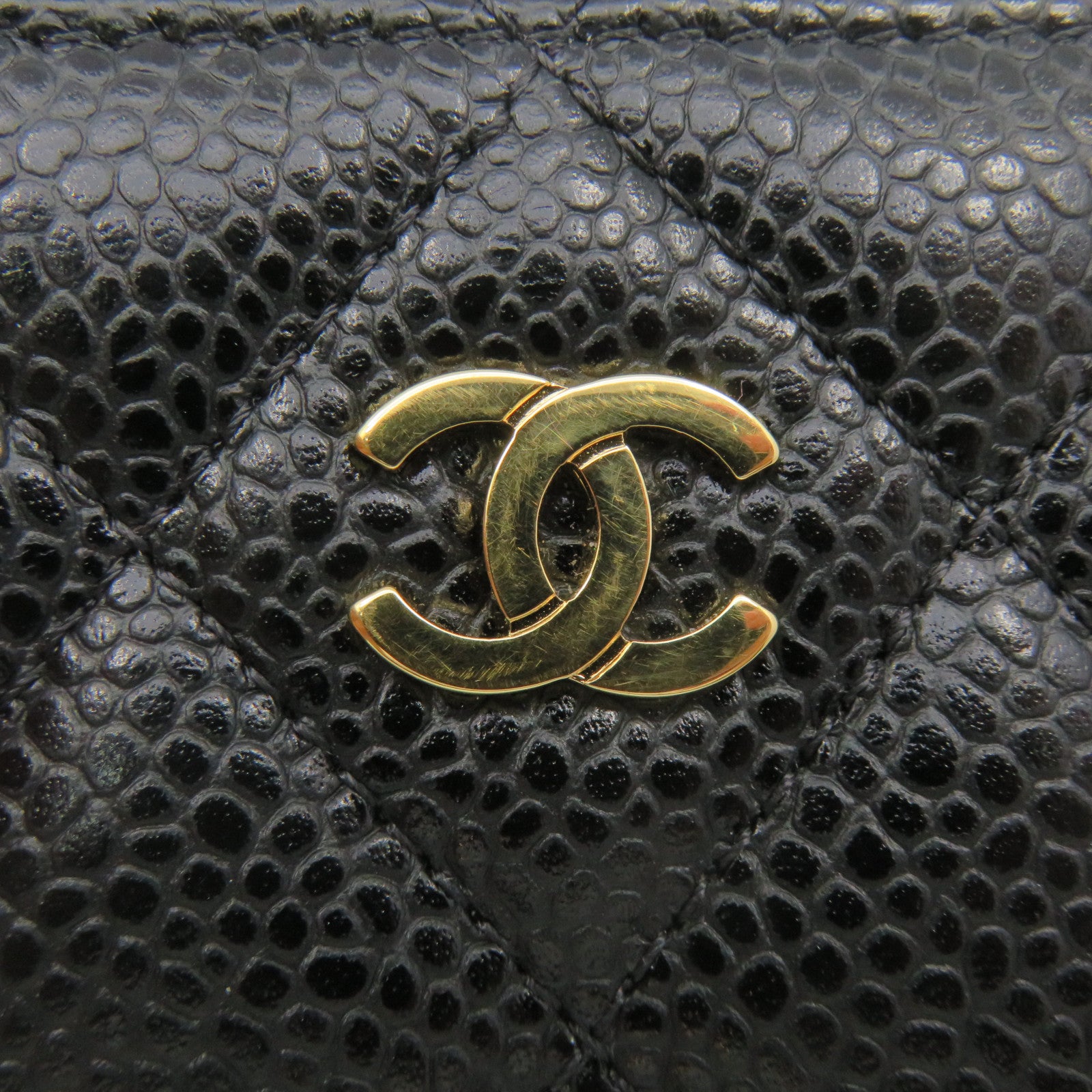 CHANEL Rhombus Caviar Leather Coin Case Gold Buckle Zipper Coin Purse Black