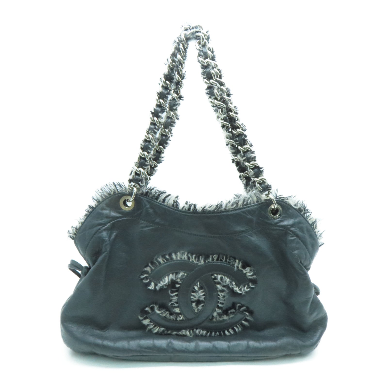 CHANEL [sharp discount] cowhide leather / Tweed Shoulder Bag silver buckle shoulder bag gray