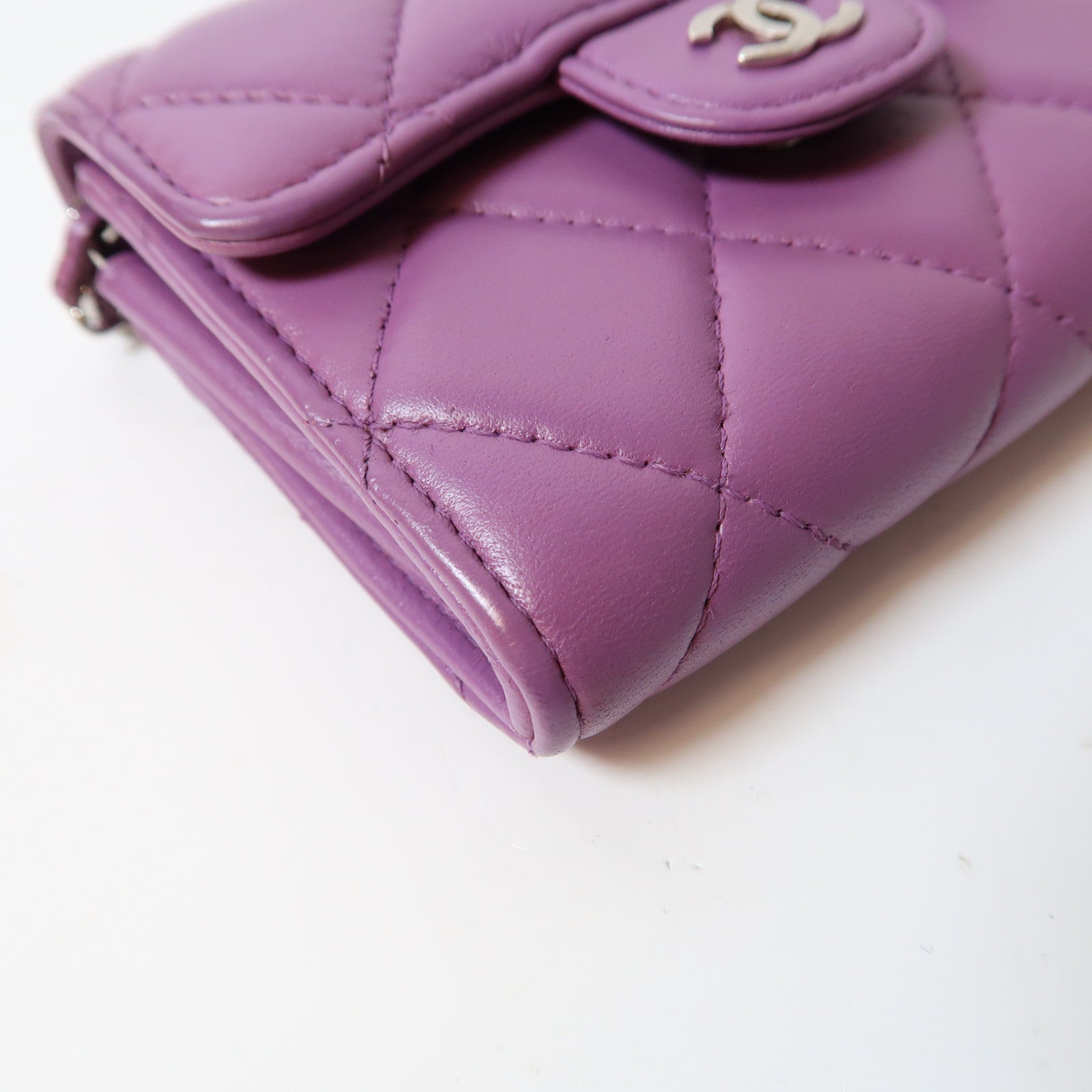 CHANEL 菱格牛皮皮革Chain Shoulder Bag銀扣鏈帶肩背袋紫色