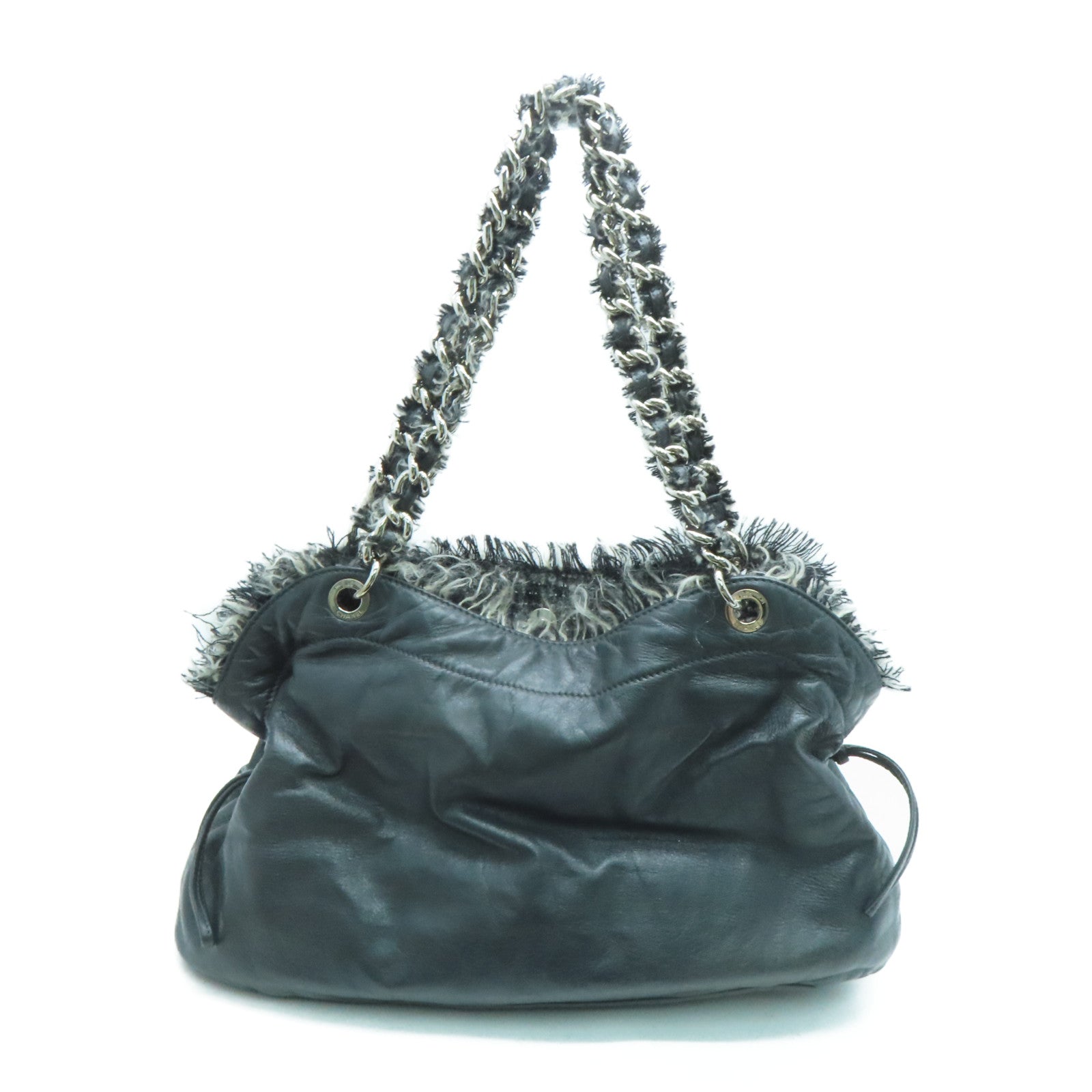 CHANEL [sharp discount] cowhide leather / Tweed Shoulder Bag silver buckle shoulder bag gray