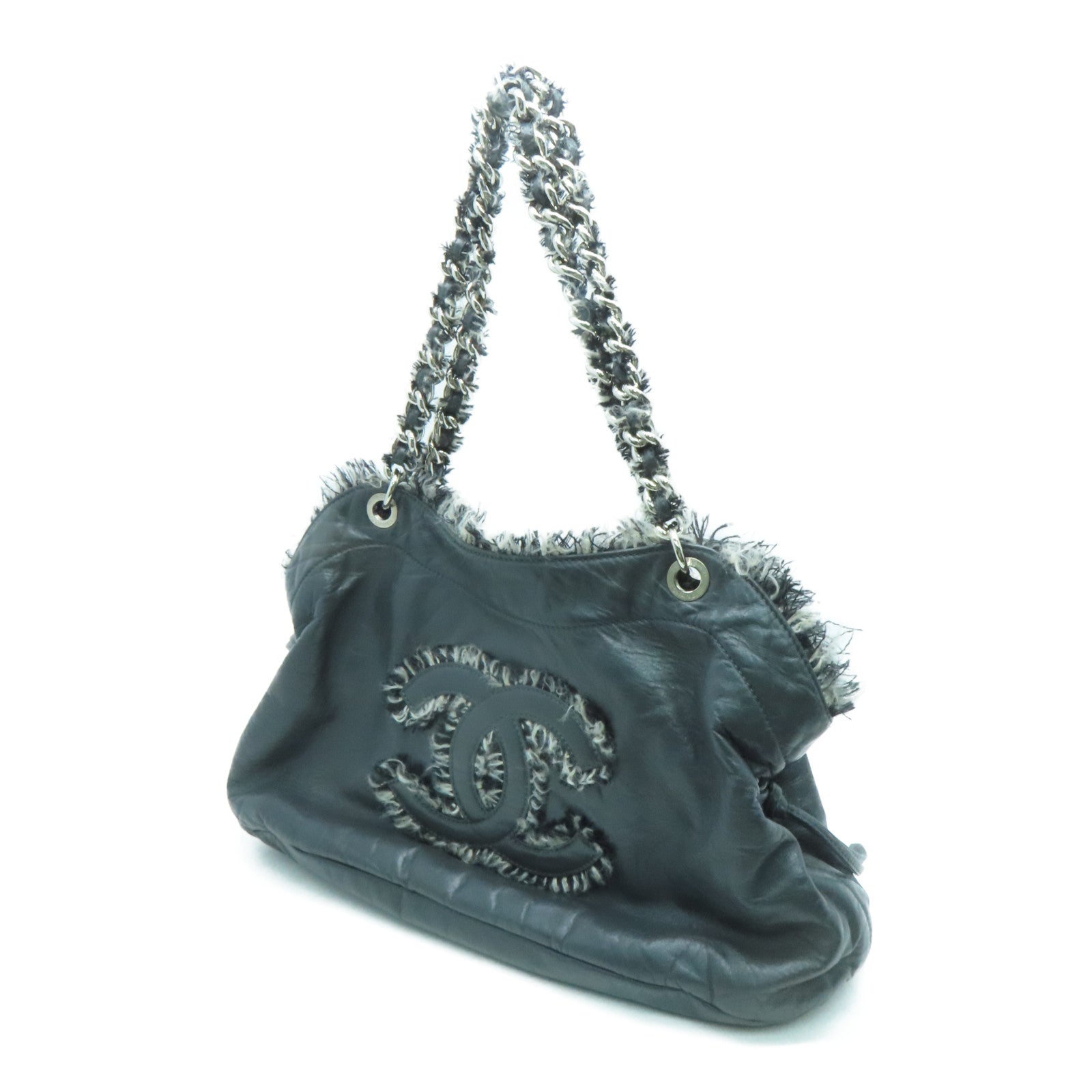 CHANEL [sharp discount] cowhide leather / Tweed Shoulder Bag silver buckle shoulder bag gray