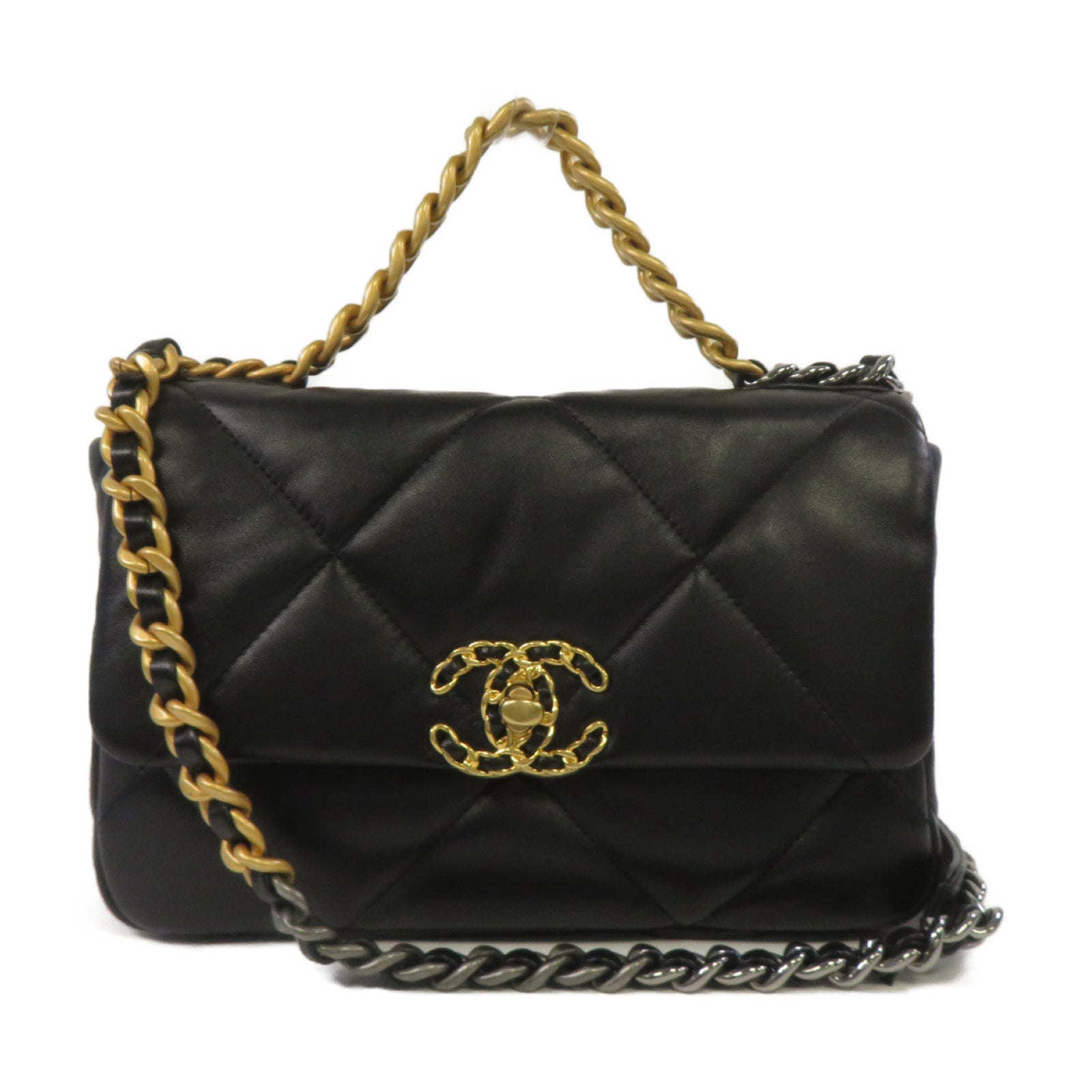 CHANEL 菱格羊皮皮革Chanel 19金扣鏈帶肩背袋黑色