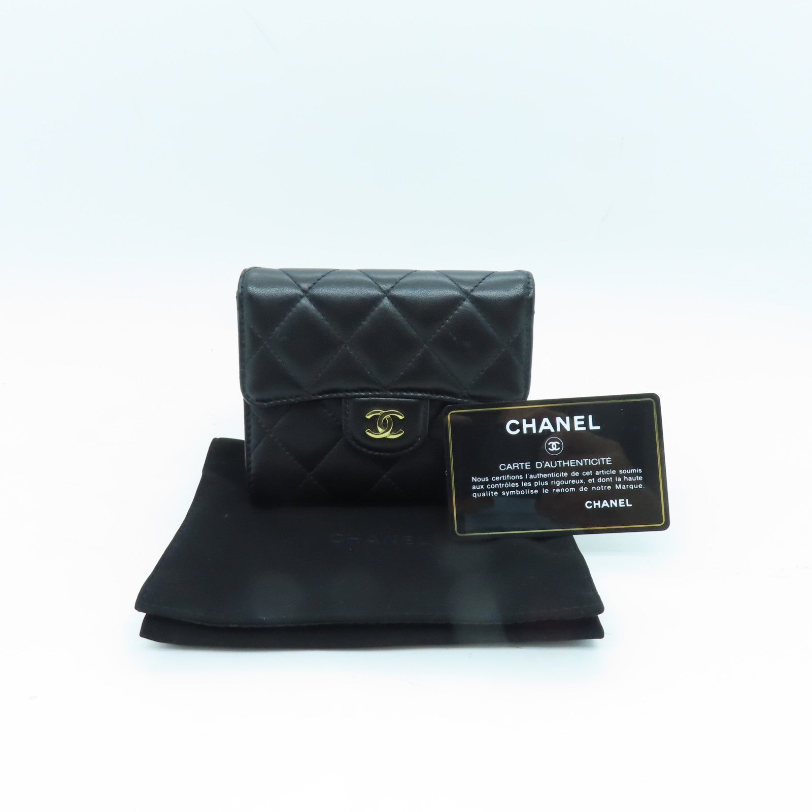 CHANEL 菱格牛皮皮革Wallet金扣錢包黑色