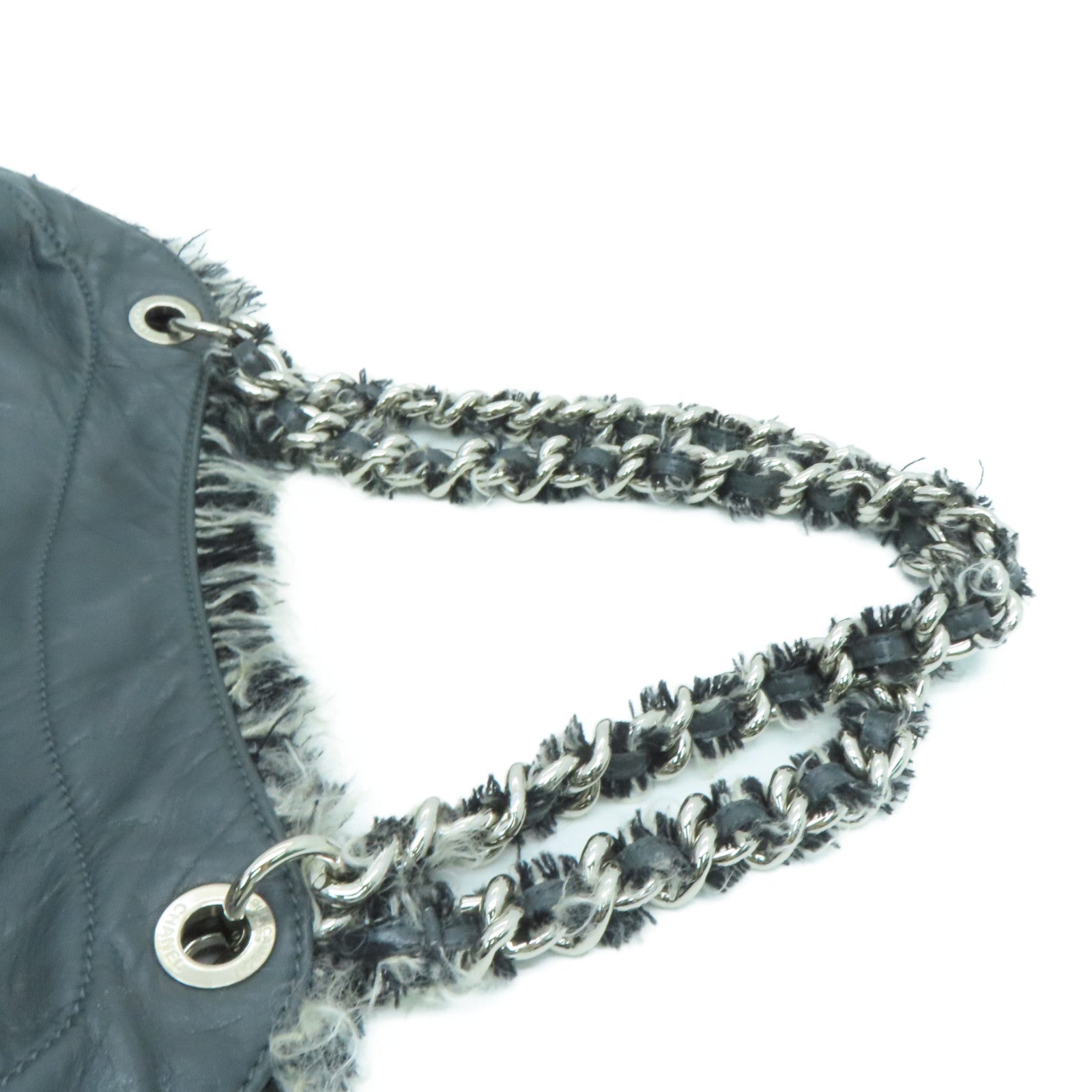 CHANEL [sharp discount] cowhide leather / Tweed Shoulder Bag silver buckle shoulder bag gray