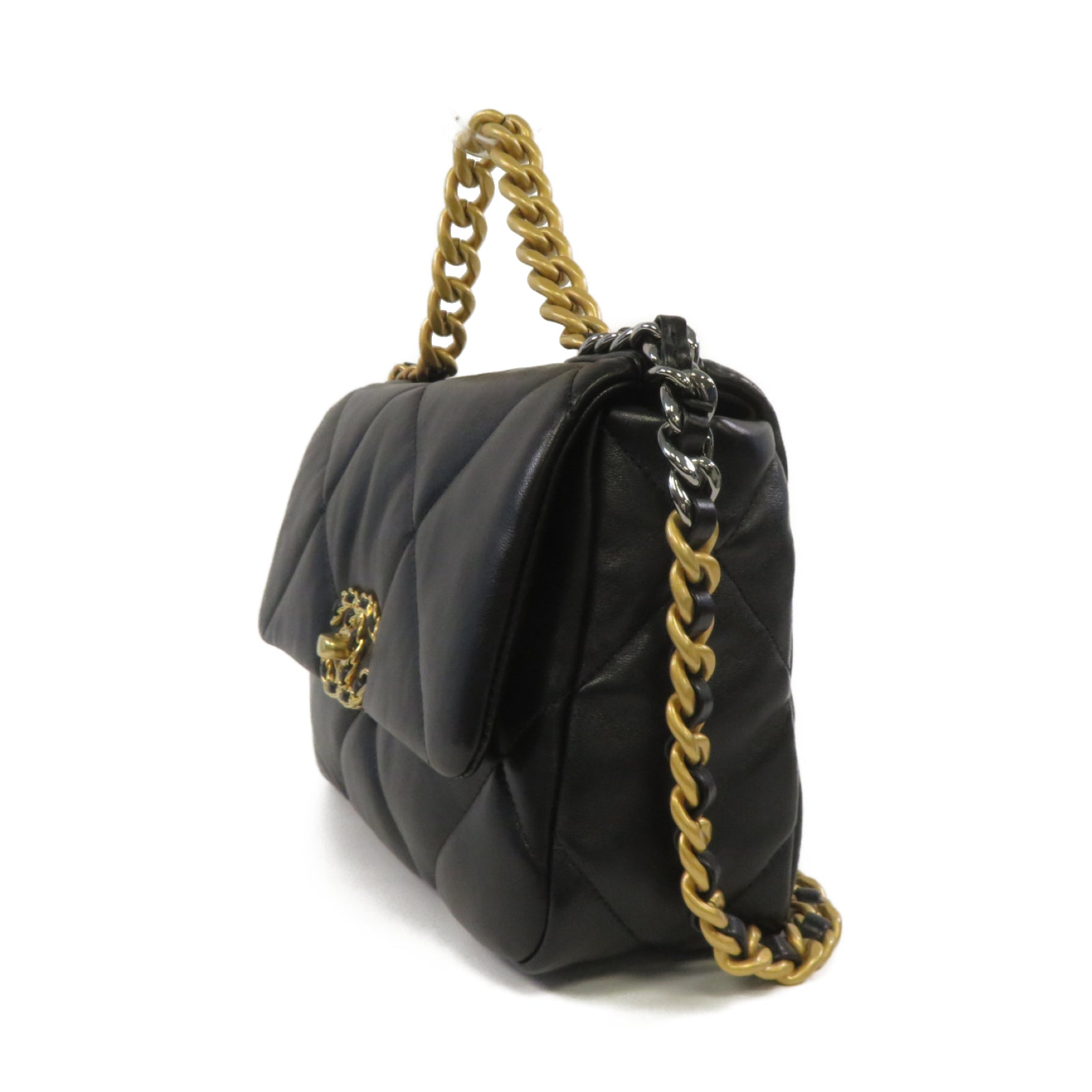 CHANEL 菱格羊皮皮革Chanel 19金扣鏈帶肩背袋黑色