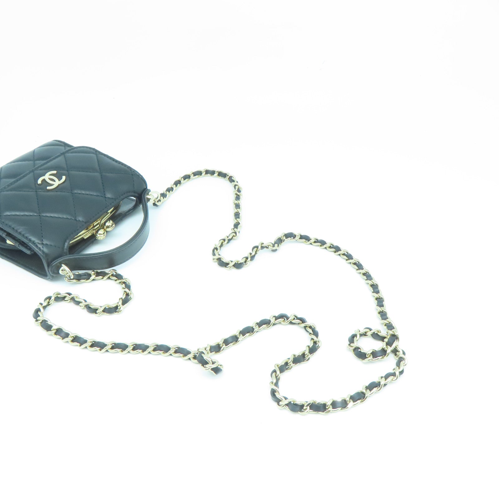 CHANEL 菱格牛皮皮革Chain Shoulder Bag金扣链带肩背袋黑色