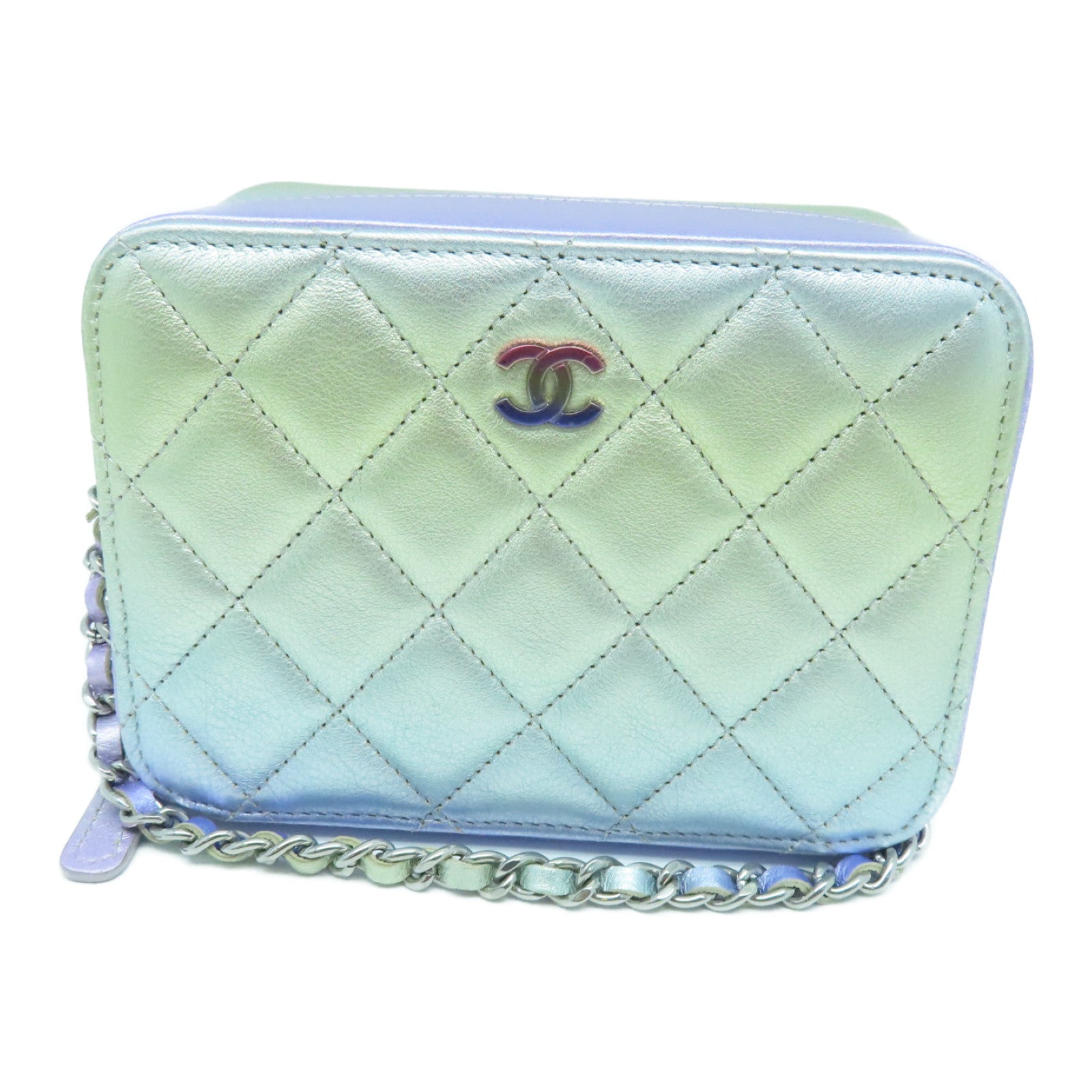 CHANEL 菱格牛皮皮革Vanity Bag银扣链带肩背袋彩虹色