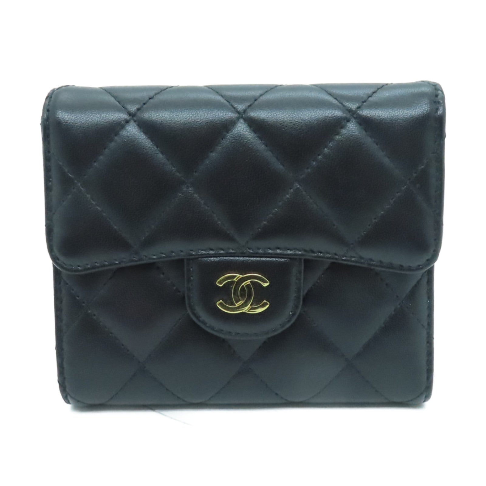 CHANEL 菱格牛皮皮革Wallet金扣錢包黑色