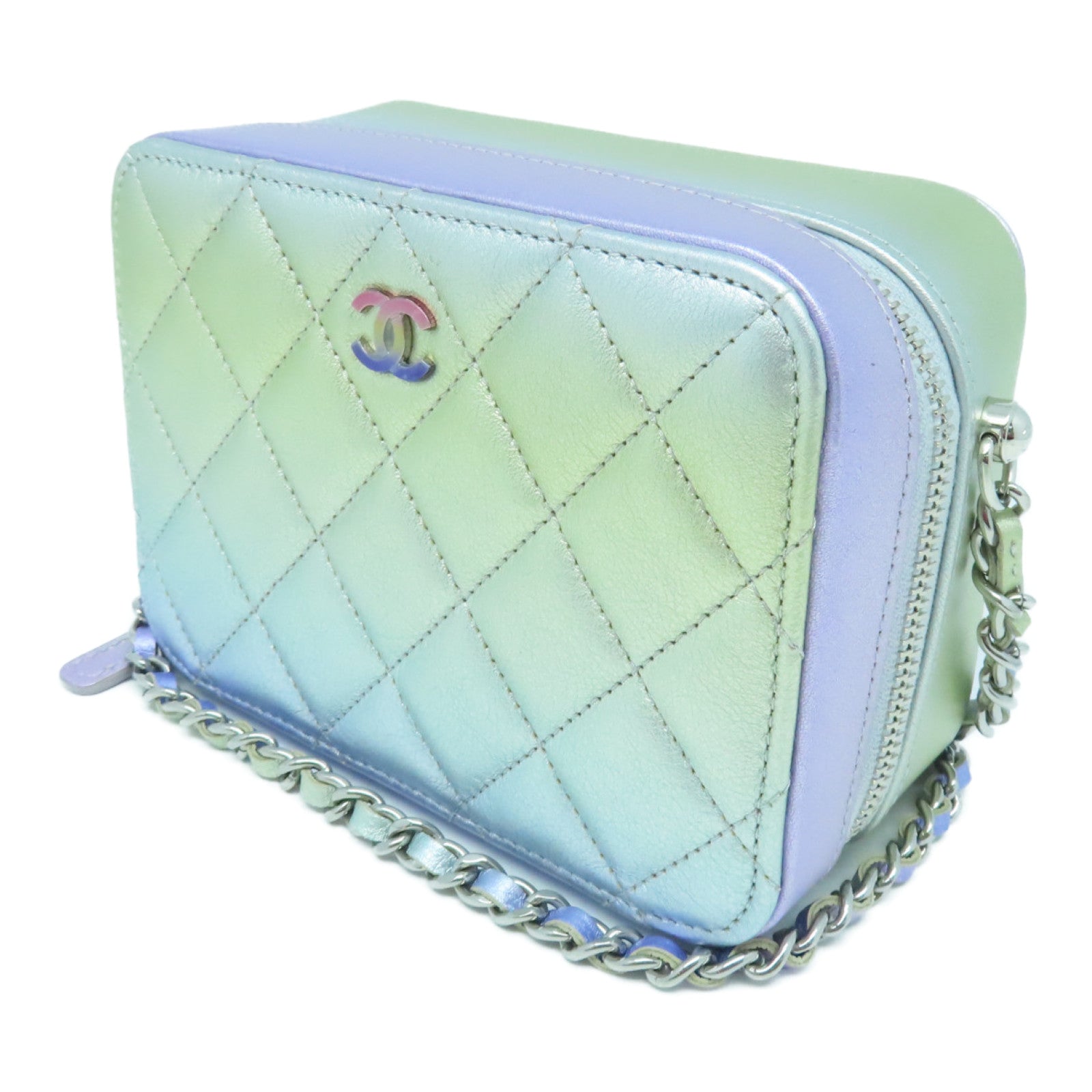 CHANEL 菱格牛皮皮革Vanity Bag银扣链带肩背袋彩虹色