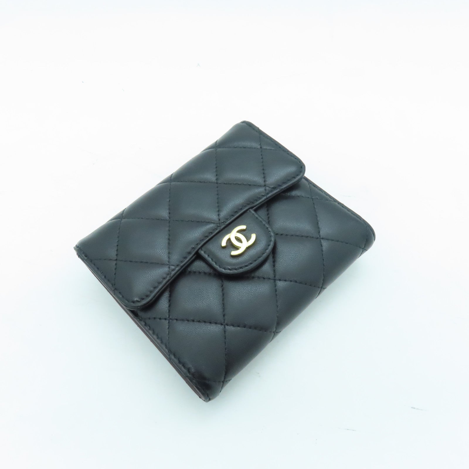CHANEL 菱格牛皮皮革Wallet金扣錢包黑色