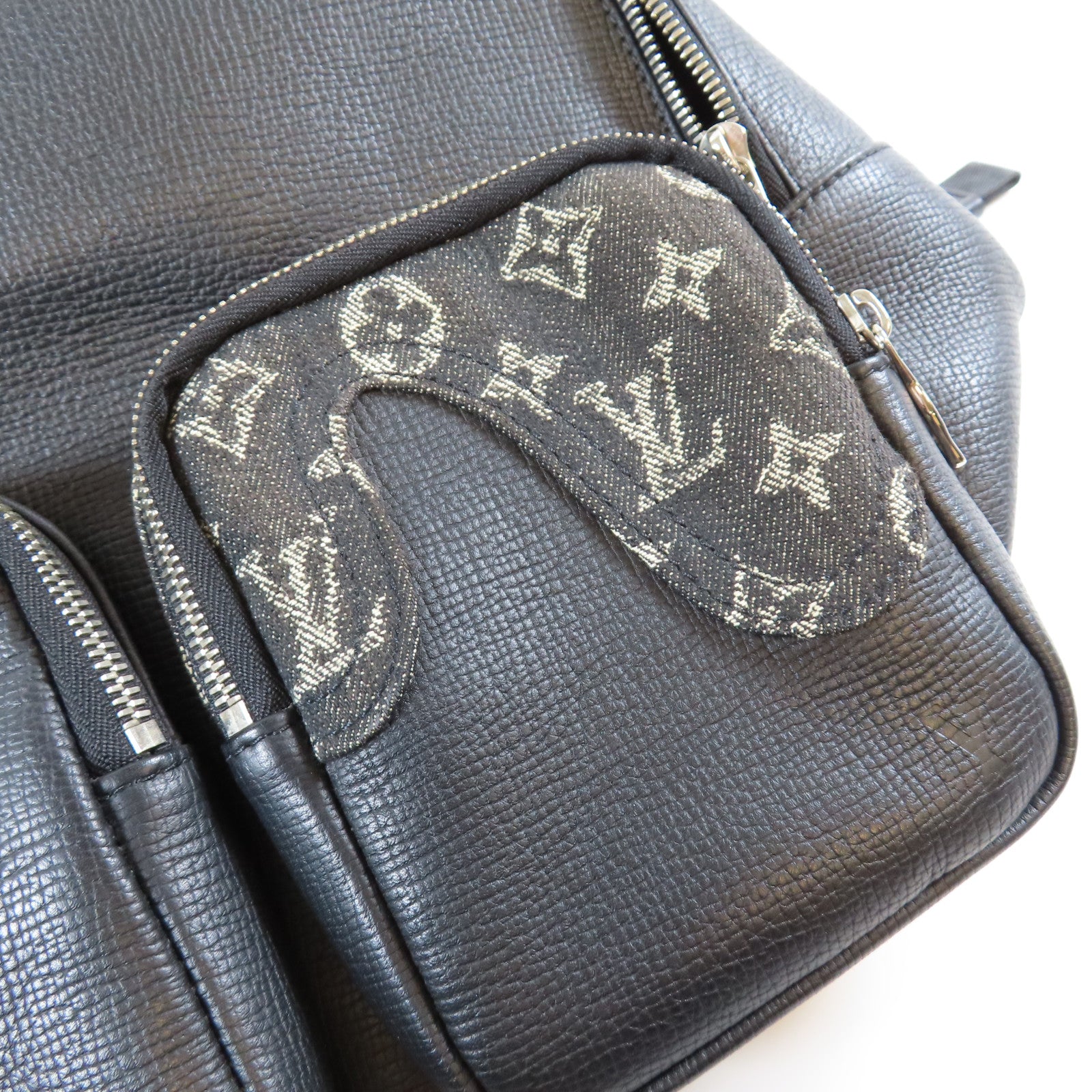LOUIS VUITTON 牛仔布/牛皮皮革Multipocket Backpack銀扣背包黑色/灰色