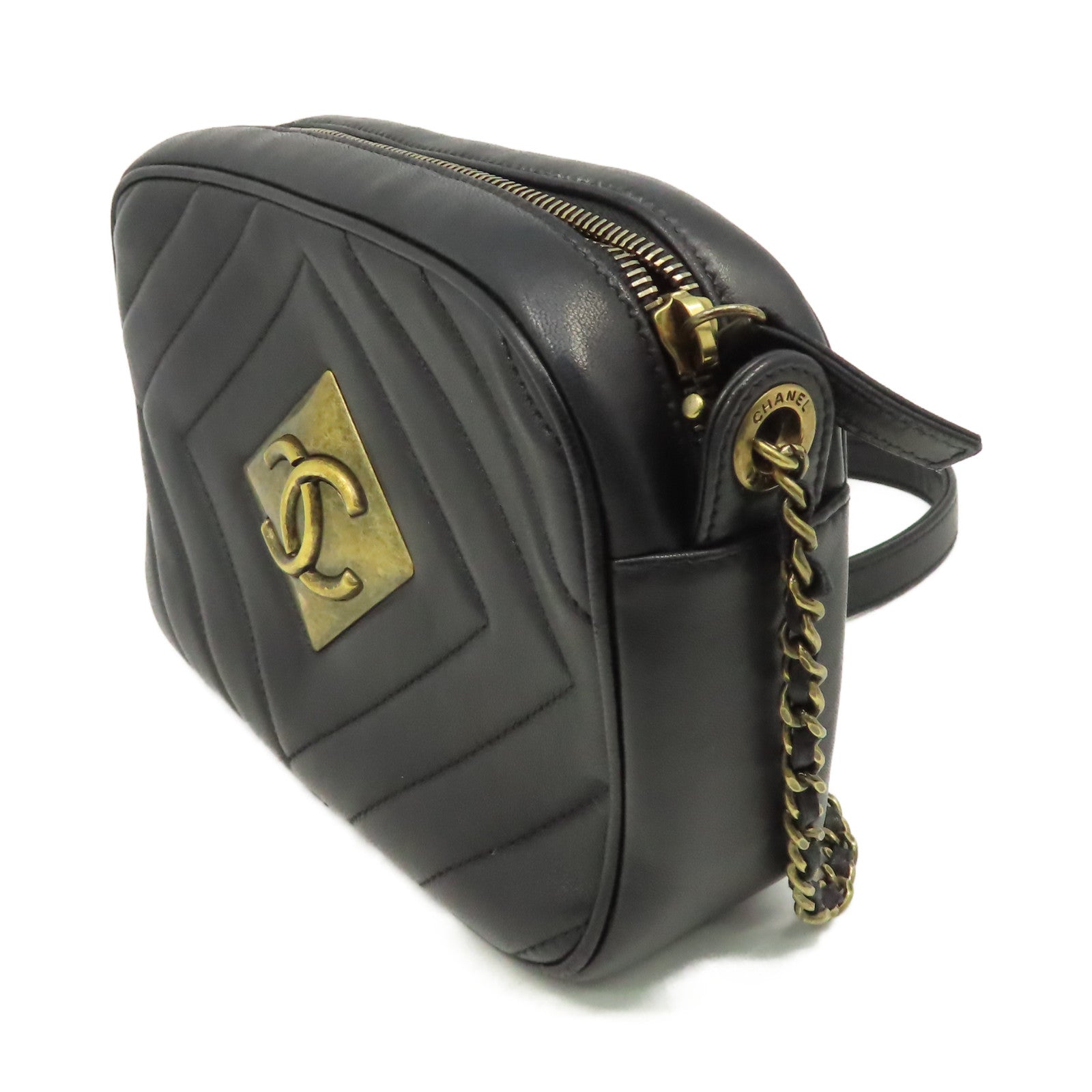 CHANEL 牛皮皮革Shoulder Bag金扣鏈帶肩背袋黑色