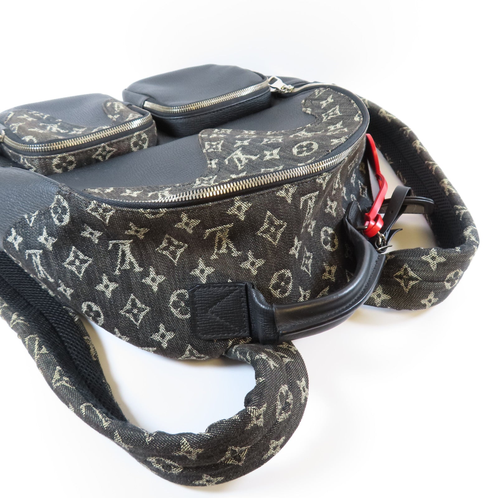 LOUIS VUITTON 牛仔布/牛皮皮革Multipocket Backpack銀扣背包黑色/灰色