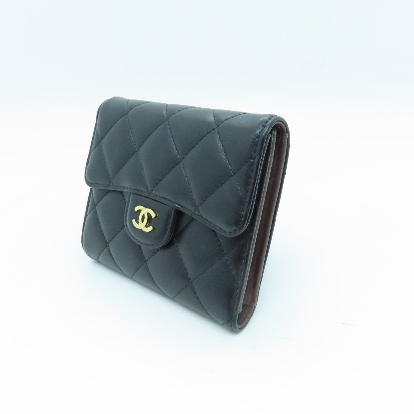 CHANEL 菱格牛皮皮革Wallet金扣錢包黑色