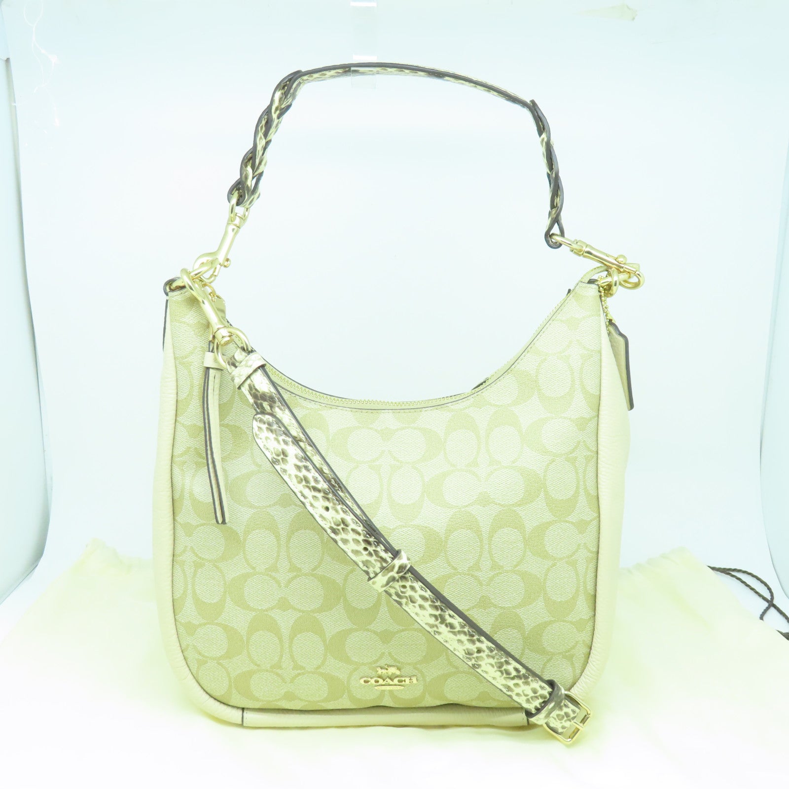 COACH 牛皮皮革Shoulder Bag金扣手挽肩背两用袋杏色