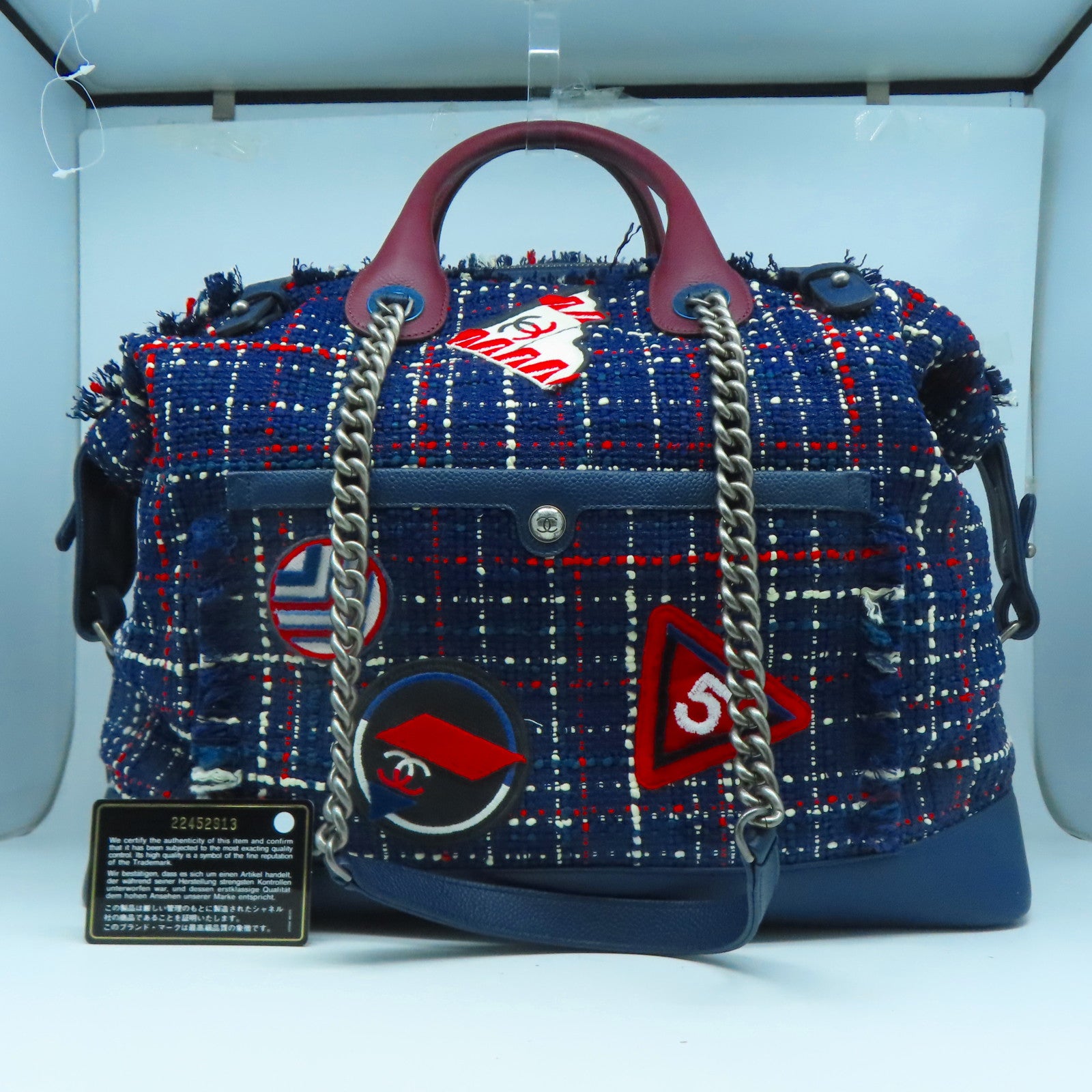CHANEL 粗花呢/牛皮皮革Tote Bag銀扣手挽肩背兩用袋深藍色