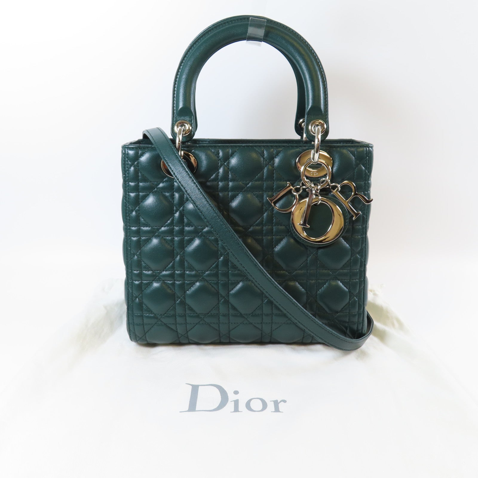 Dior 牛皮皮革Lady Dior銀扣手挽肩背兩用袋綠色