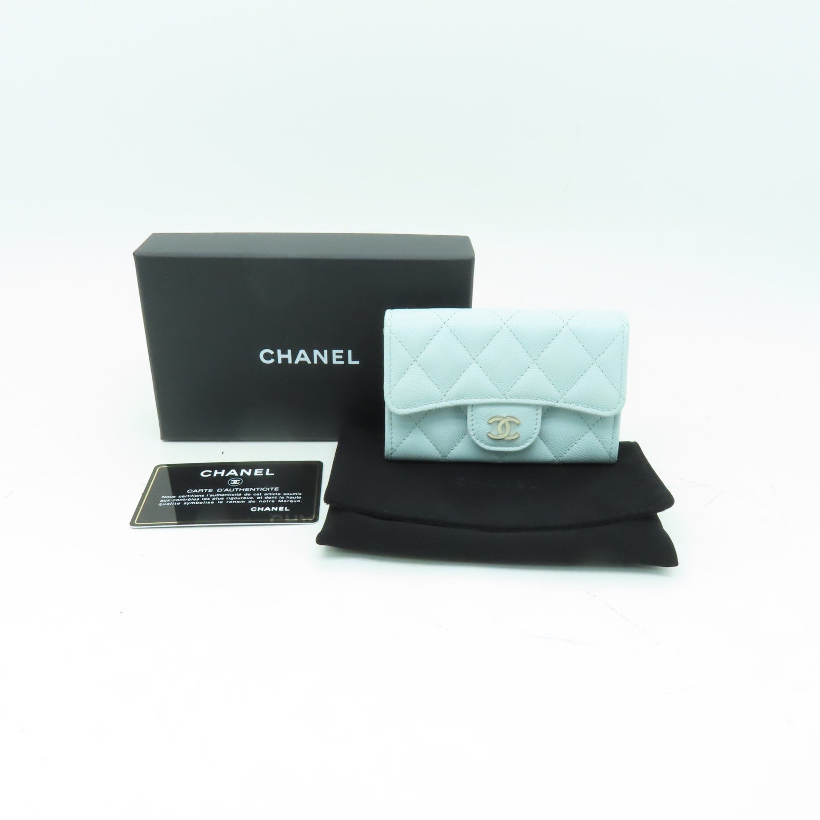 CHANEL 菱格Caviar皮革Classic Flap Card Holder銀扣卡片套淺藍色