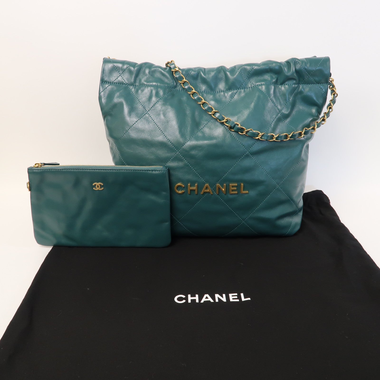 CHANEL 菱格牛皮皮革Chanel 22 Small金扣鏈帶肩背袋綠色