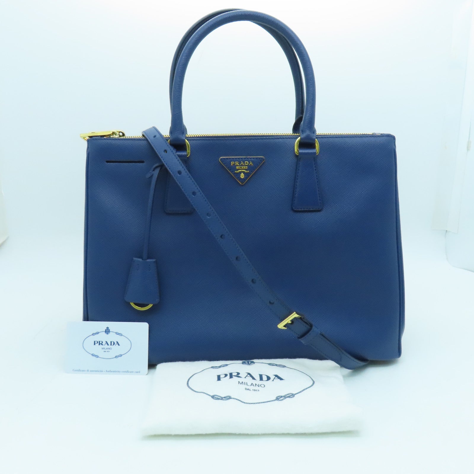 PRADA Saffiano leather 2 Way Shoulder gold buckle handle shoulder bag blue