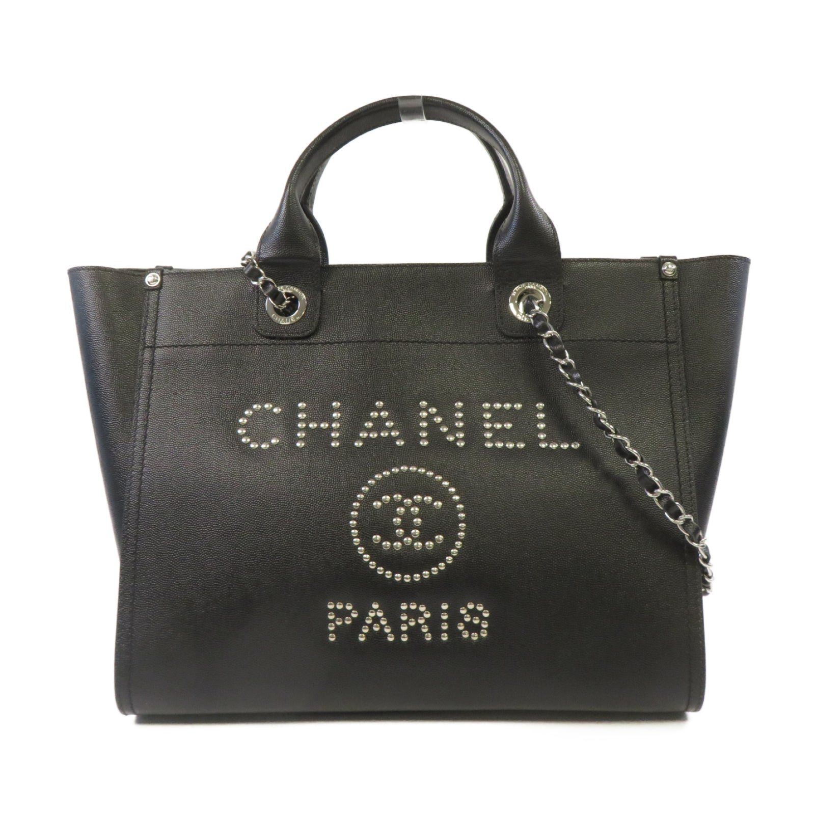 CHANEL 牛皮皮革Deauville銀扣鏈帶手挽肩背兩用袋黑色