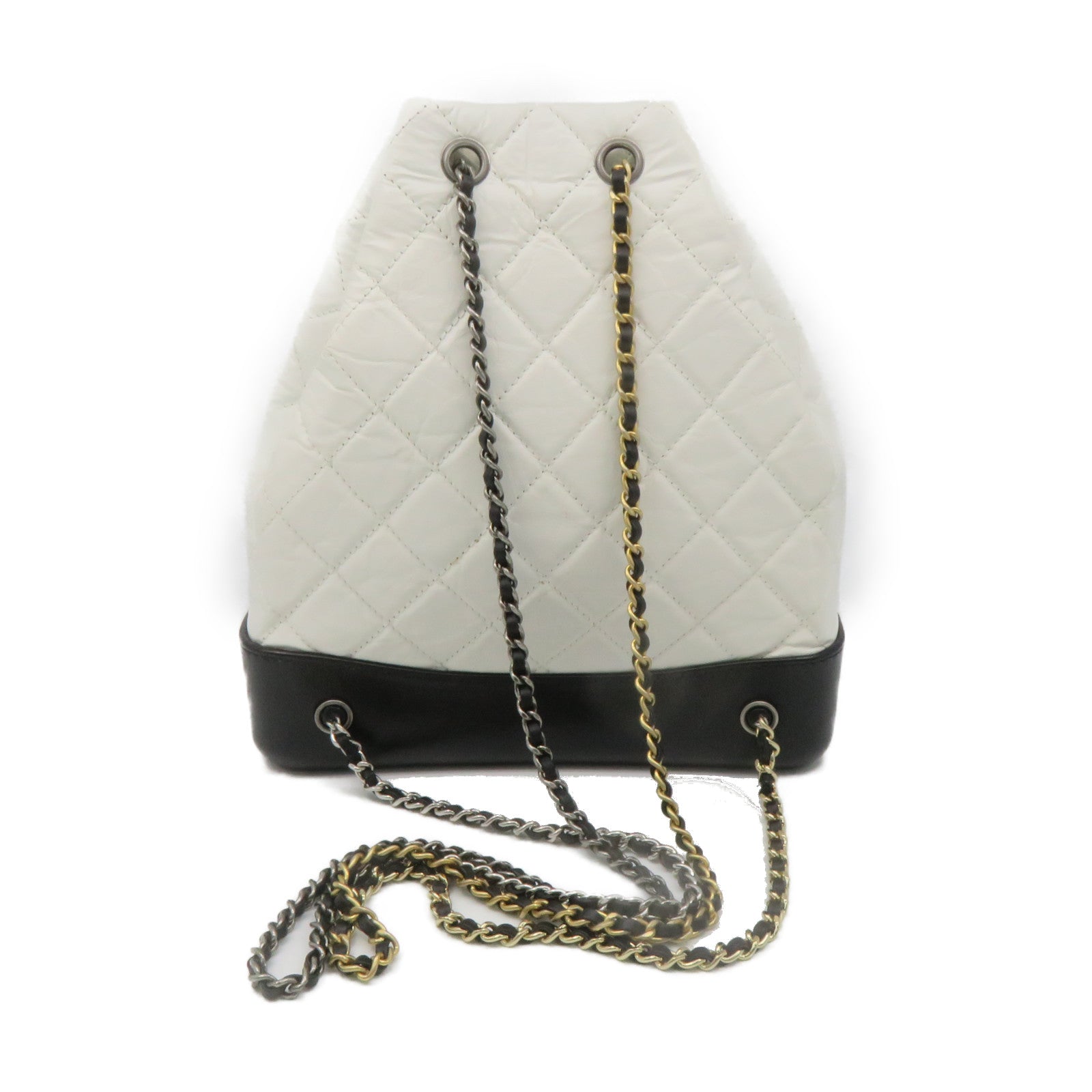 CHANEL 菱格牛皮皮革Gabrielle Backpack鏈帶肩背袋白色/黑色