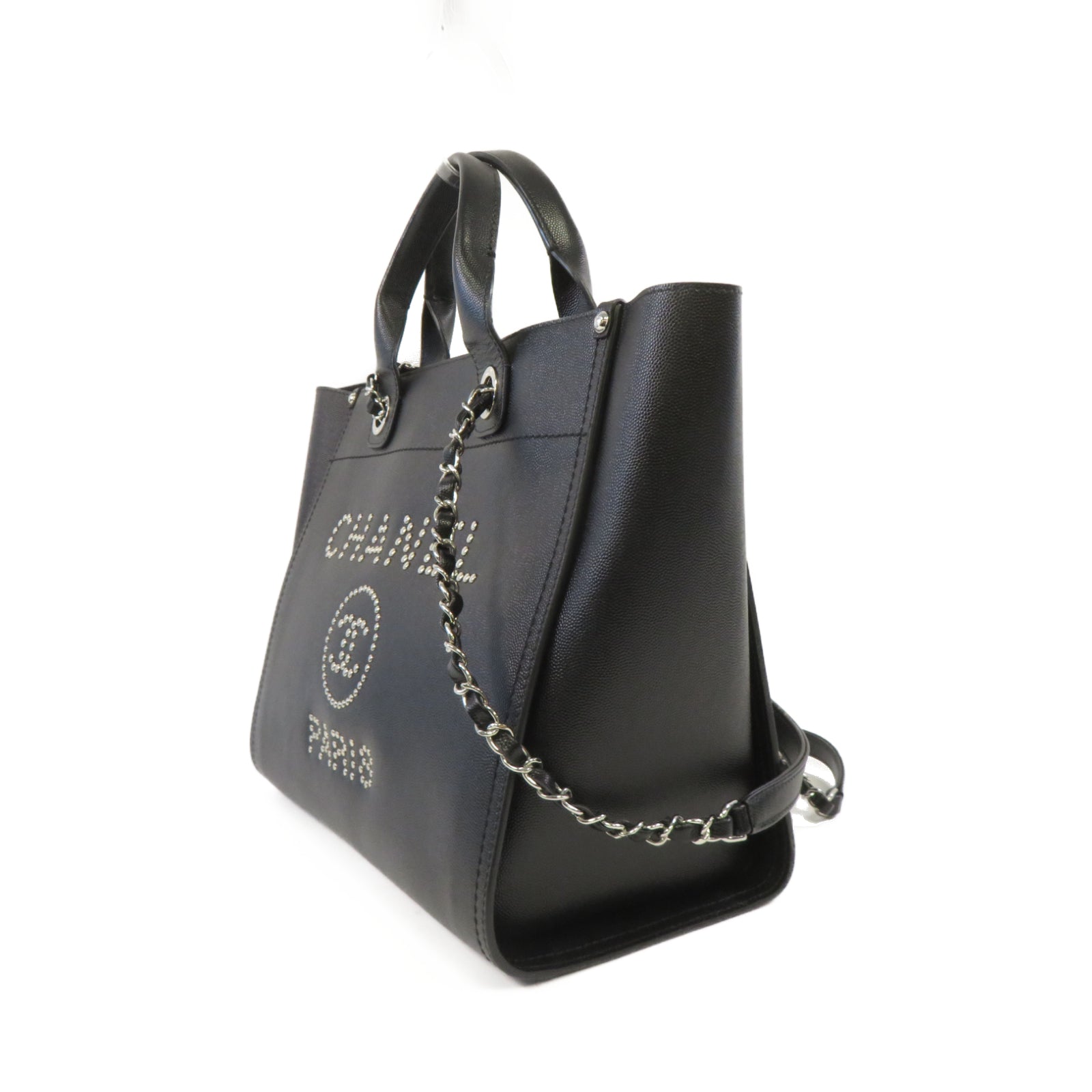 CHANEL 牛皮皮革Deauville銀扣鏈帶手挽肩背兩用袋黑色