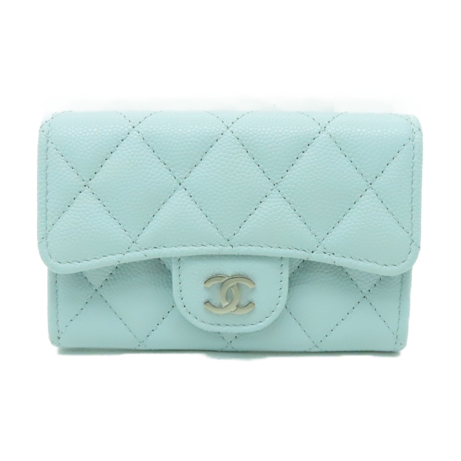 CHANEL 菱格Caviar皮革Classic Flap Card Holder銀扣卡片套淺藍色