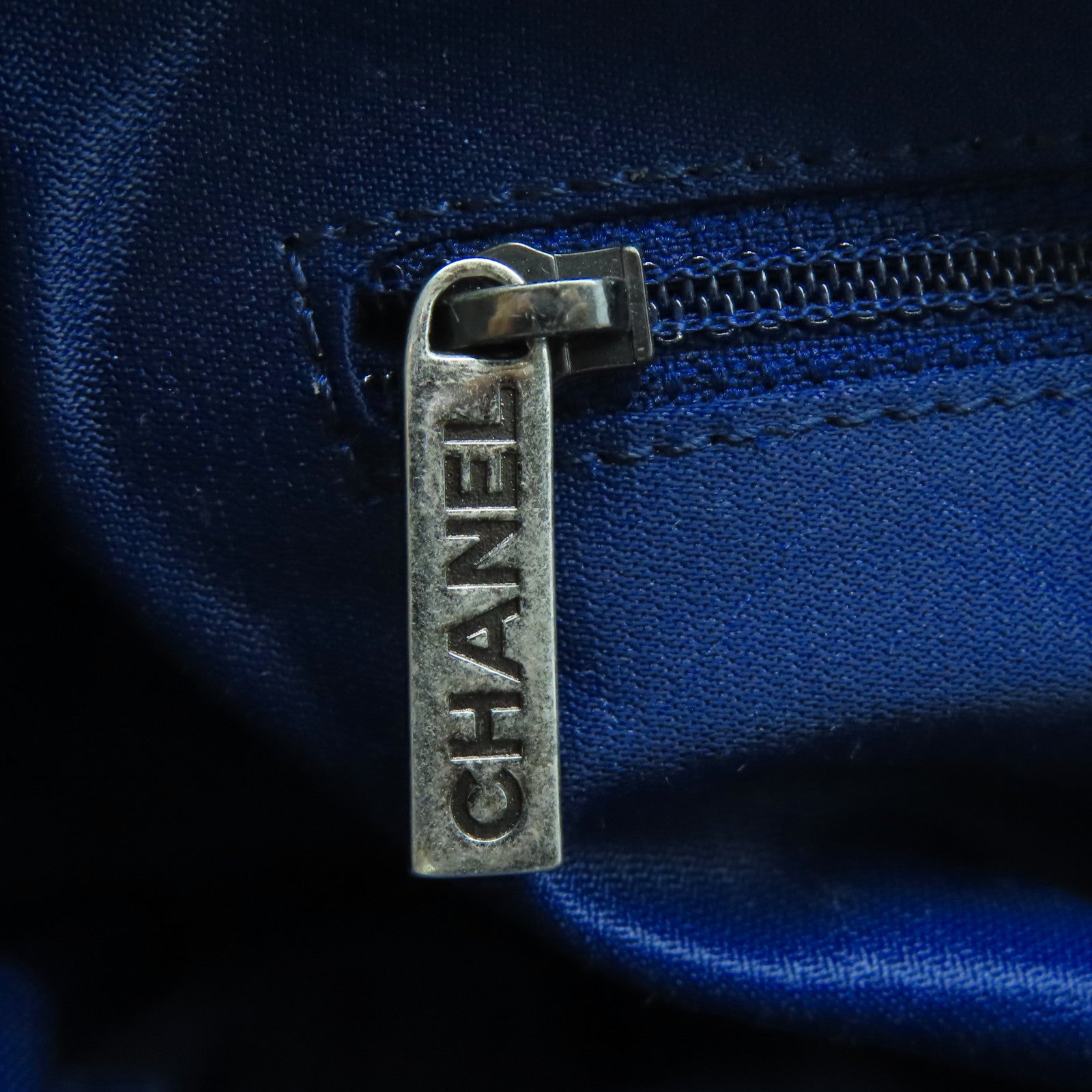 CHANEL 粗花呢/牛皮皮革Tote Bag銀扣手挽肩背兩用袋深藍色