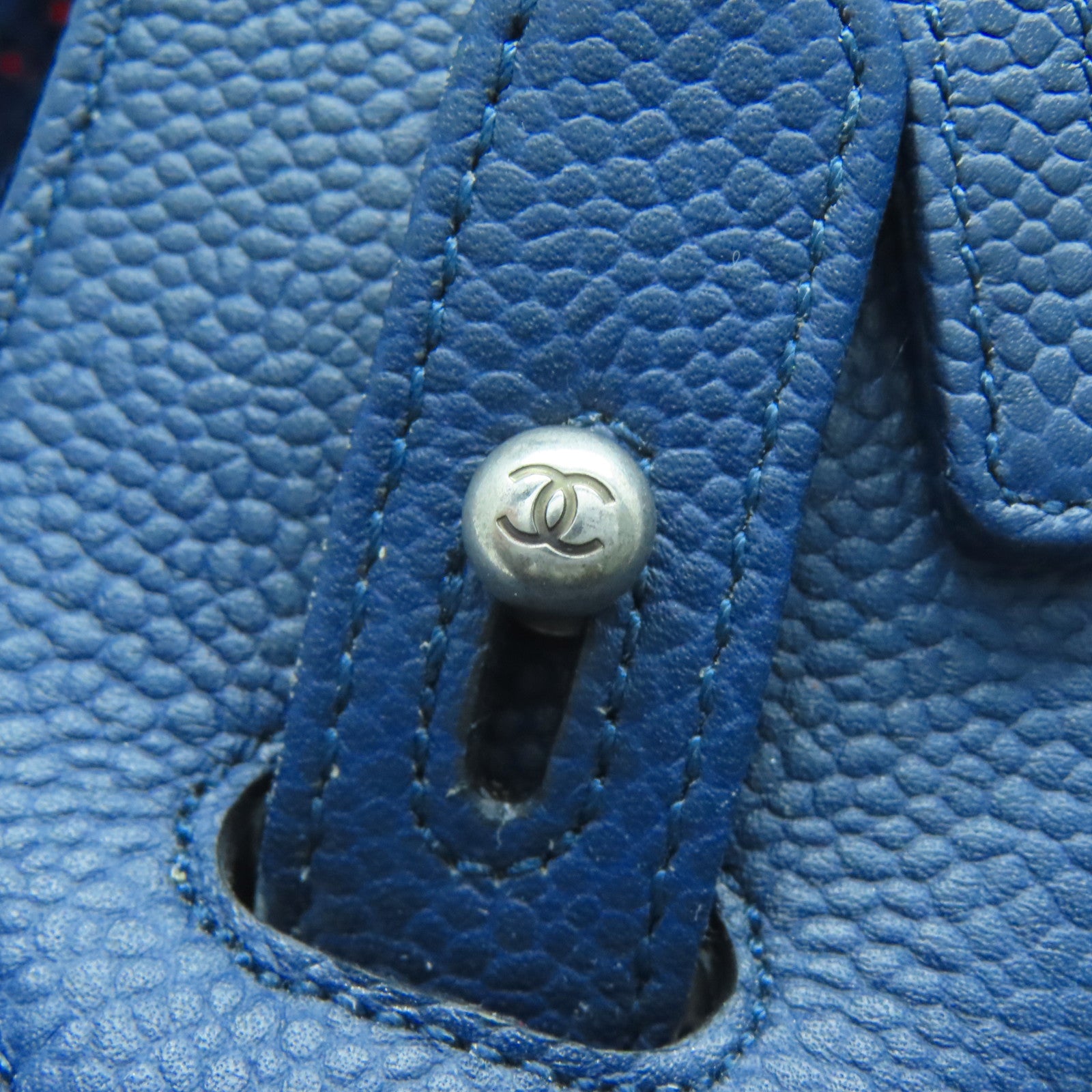 CHANEL 粗花呢/牛皮皮革Tote Bag銀扣手挽肩背兩用袋深藍色